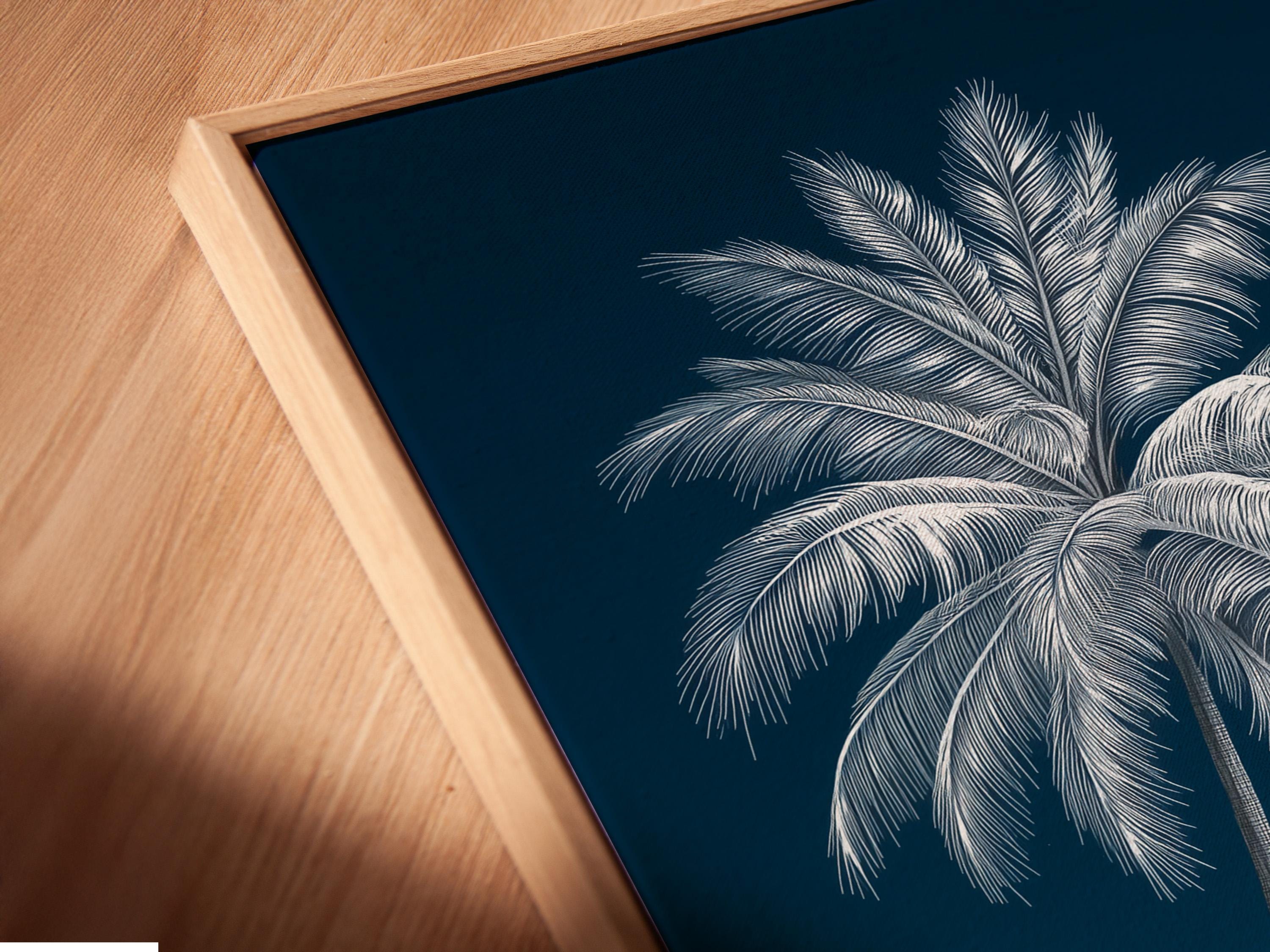 Room mockup showing framed palm tree seascape artwork