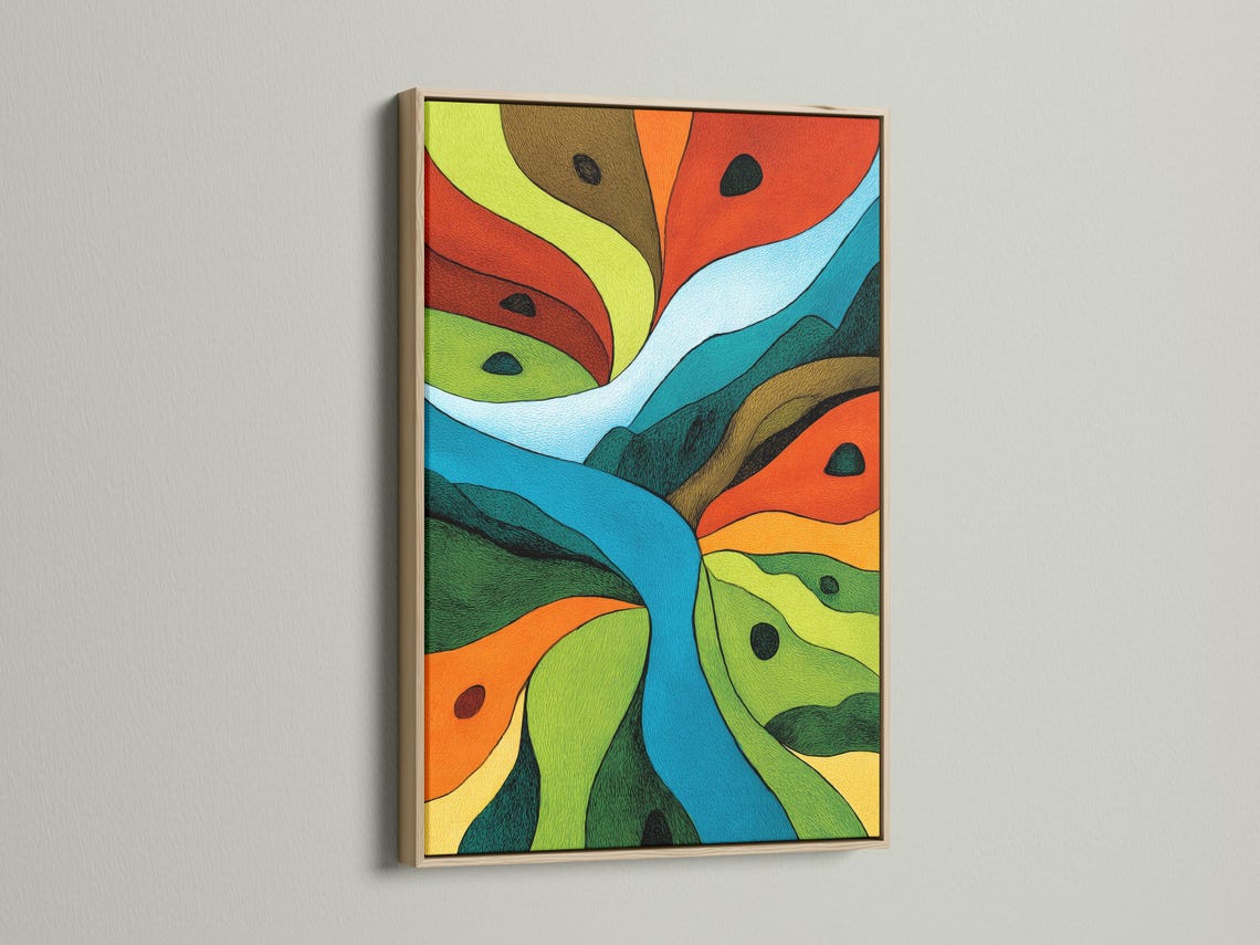 Abstract landscape artwork with sweeping green, orange and blue geometric curves detail view