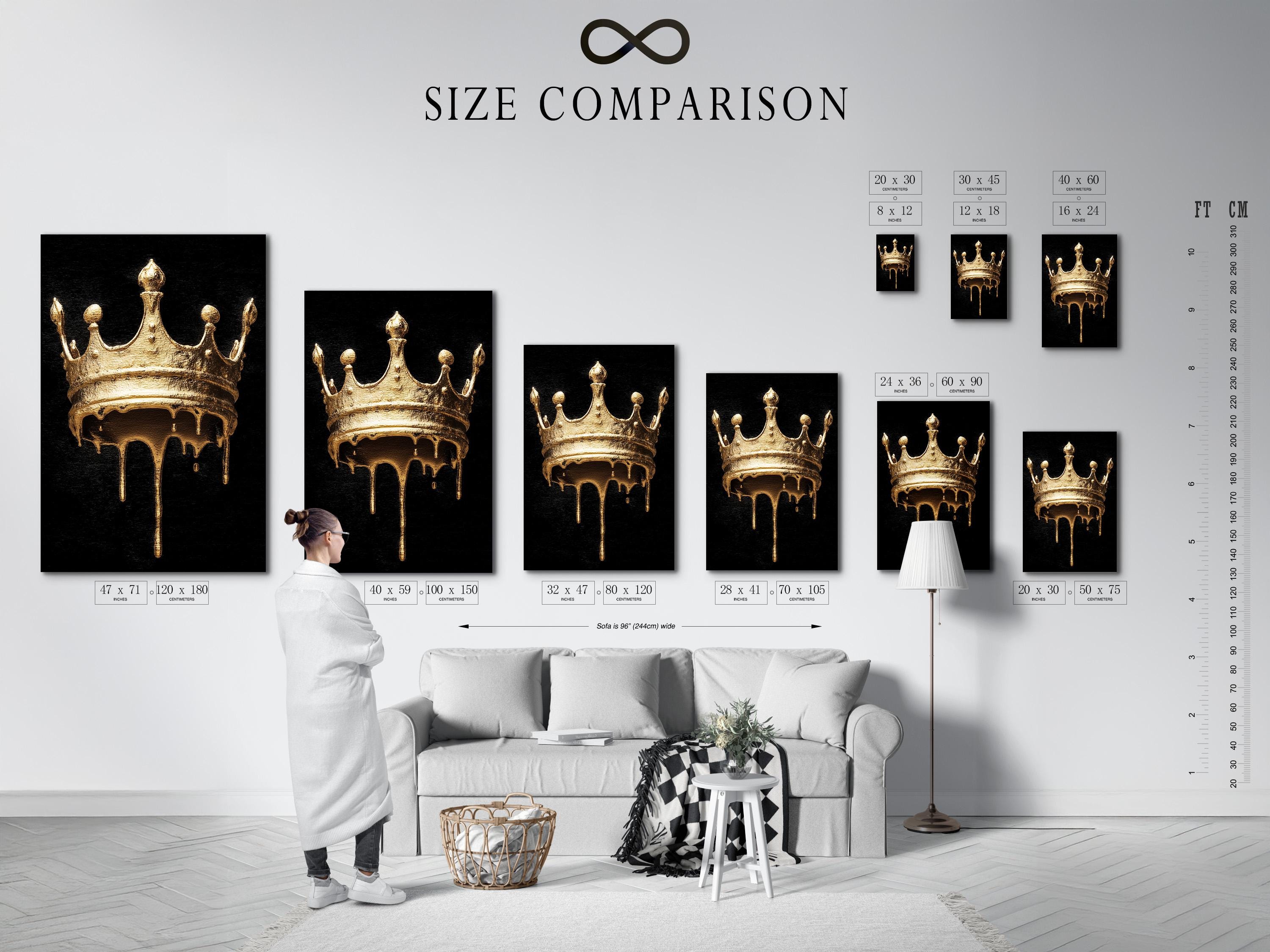 Person in a clothing store viewing a black-and-gold crown artwork on a gallery wall