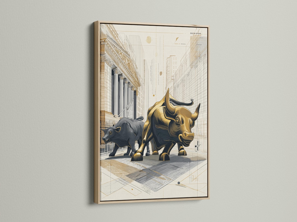 Gold bull and dark bear face-off in an architectural grid city drawing with beige background detail view