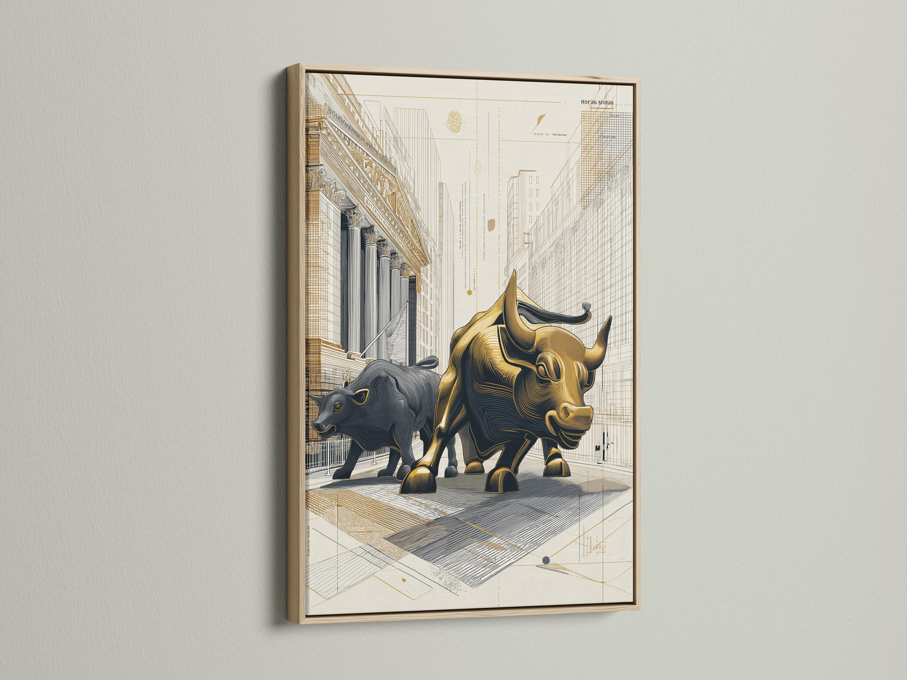 Gold bull and dark bear face-off in an architectural grid city drawing with beige background detail view