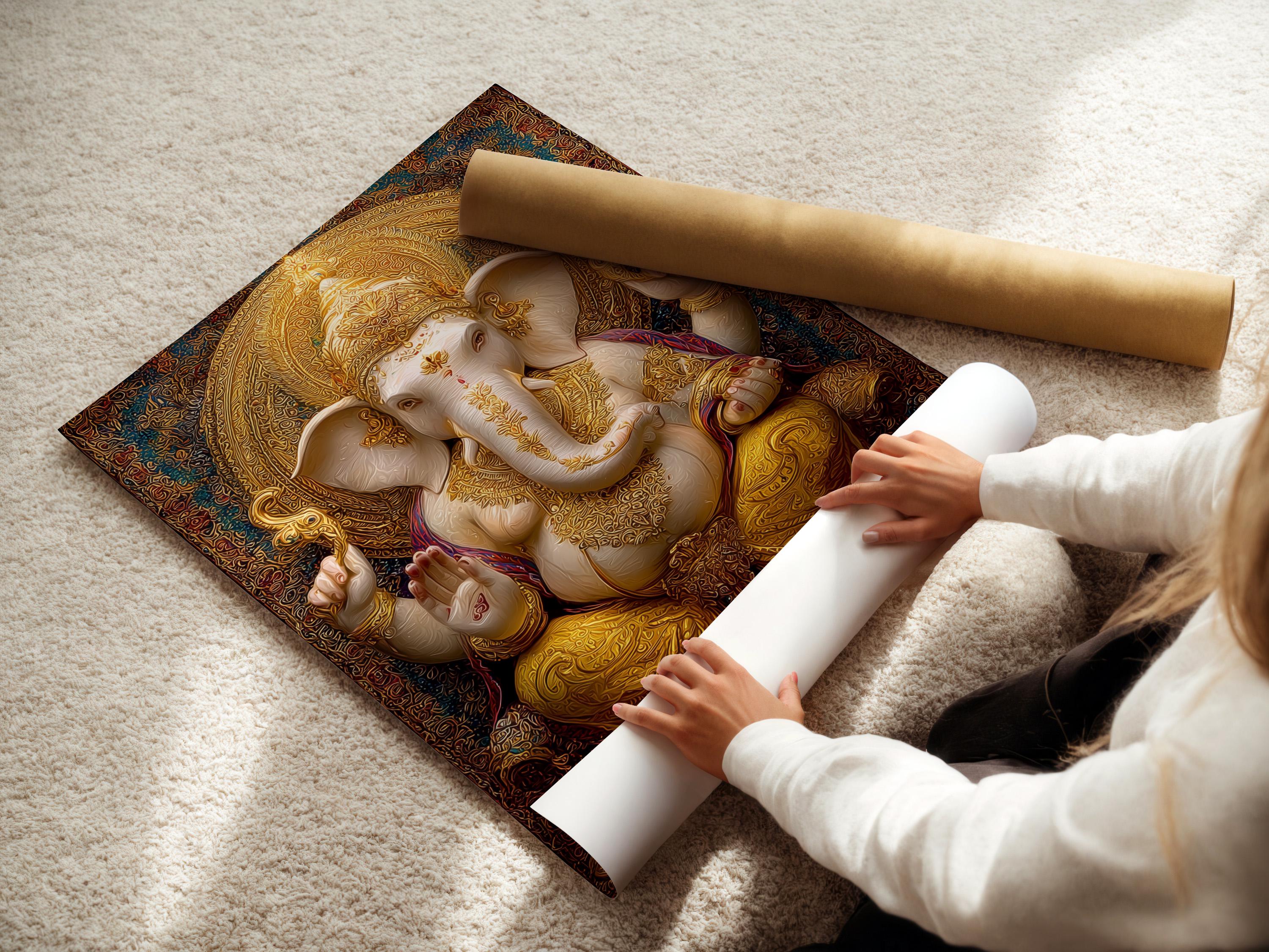 Room mockup showing a framed golden elephant-headed deity artwork with ornate halo design