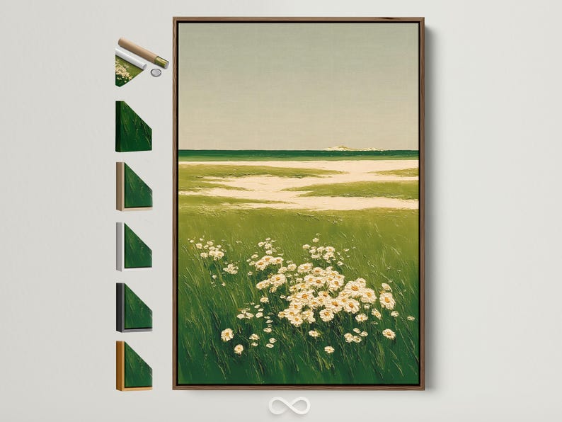 A green meadow landscape with cream blossoms and a pale horizon with distant water-like tones