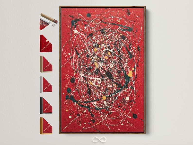 Red abstract artwork with white splatter lines, black and green shapes, and gold dots