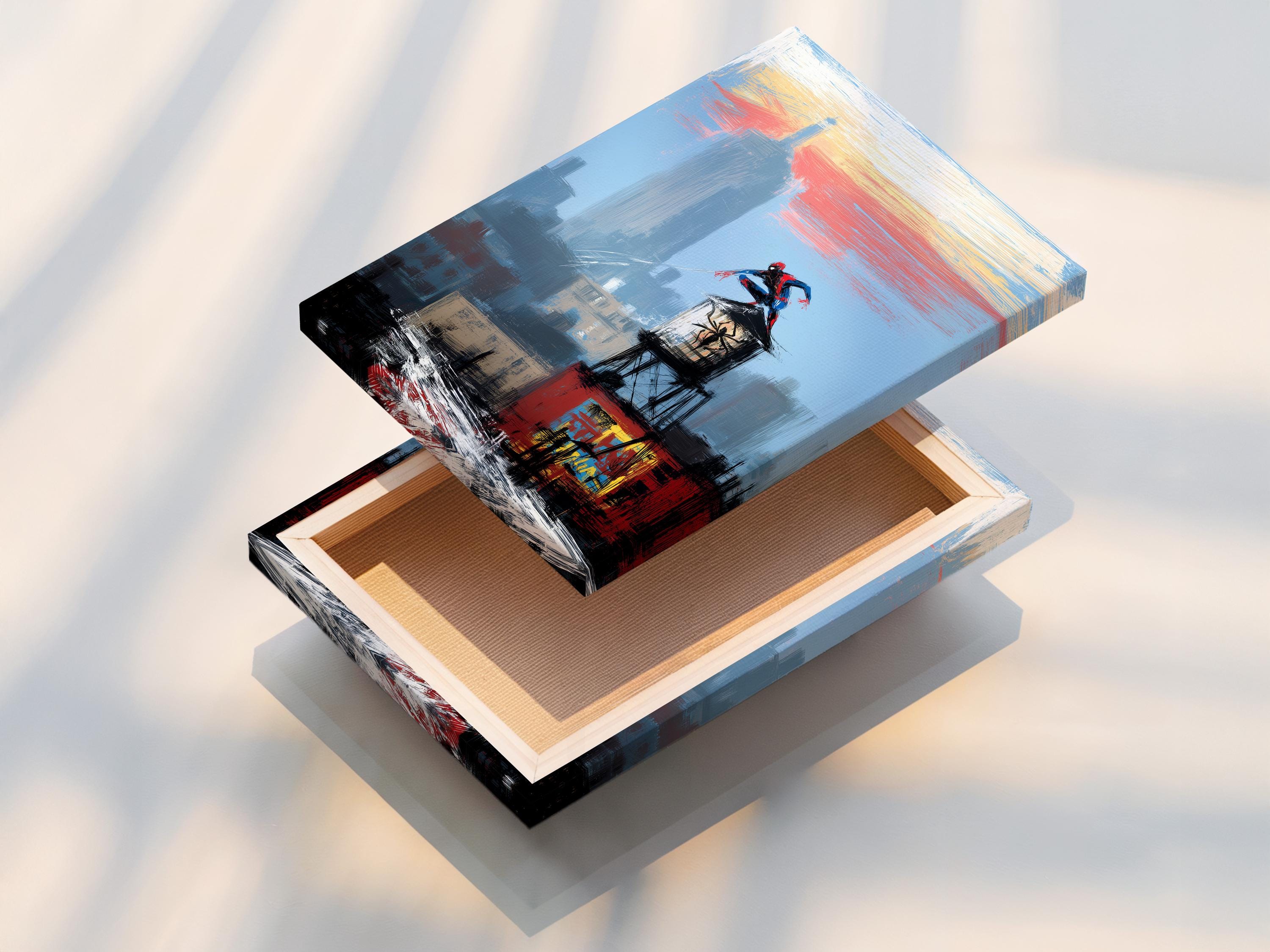 Framed blue city skyline artwork on a wall with a superhero figure and tall tower