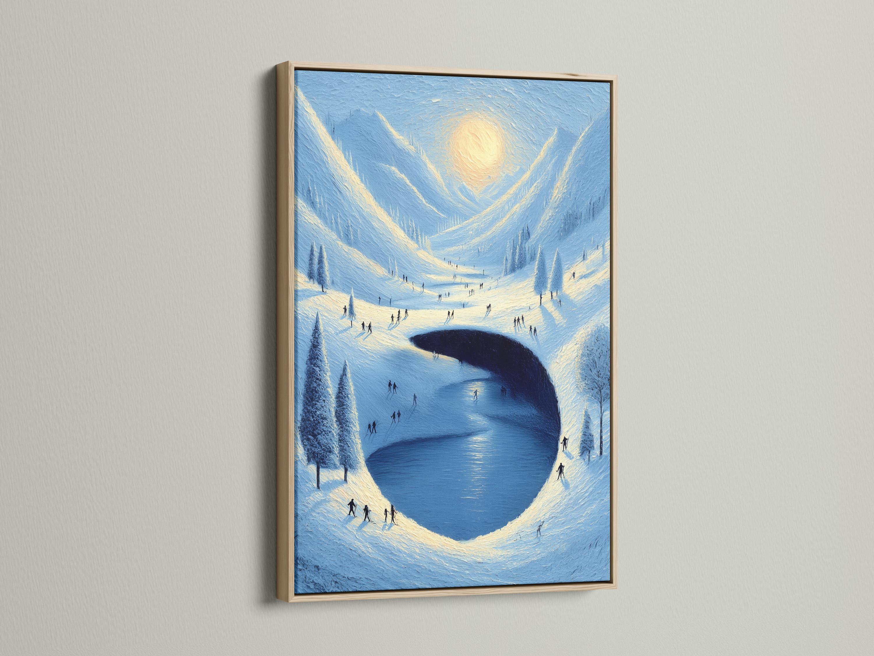 A snowy mountain valley scene surrounds a large dark-blue heart-shaped opening, with small silhouetted people walking across icy slopes under a pale