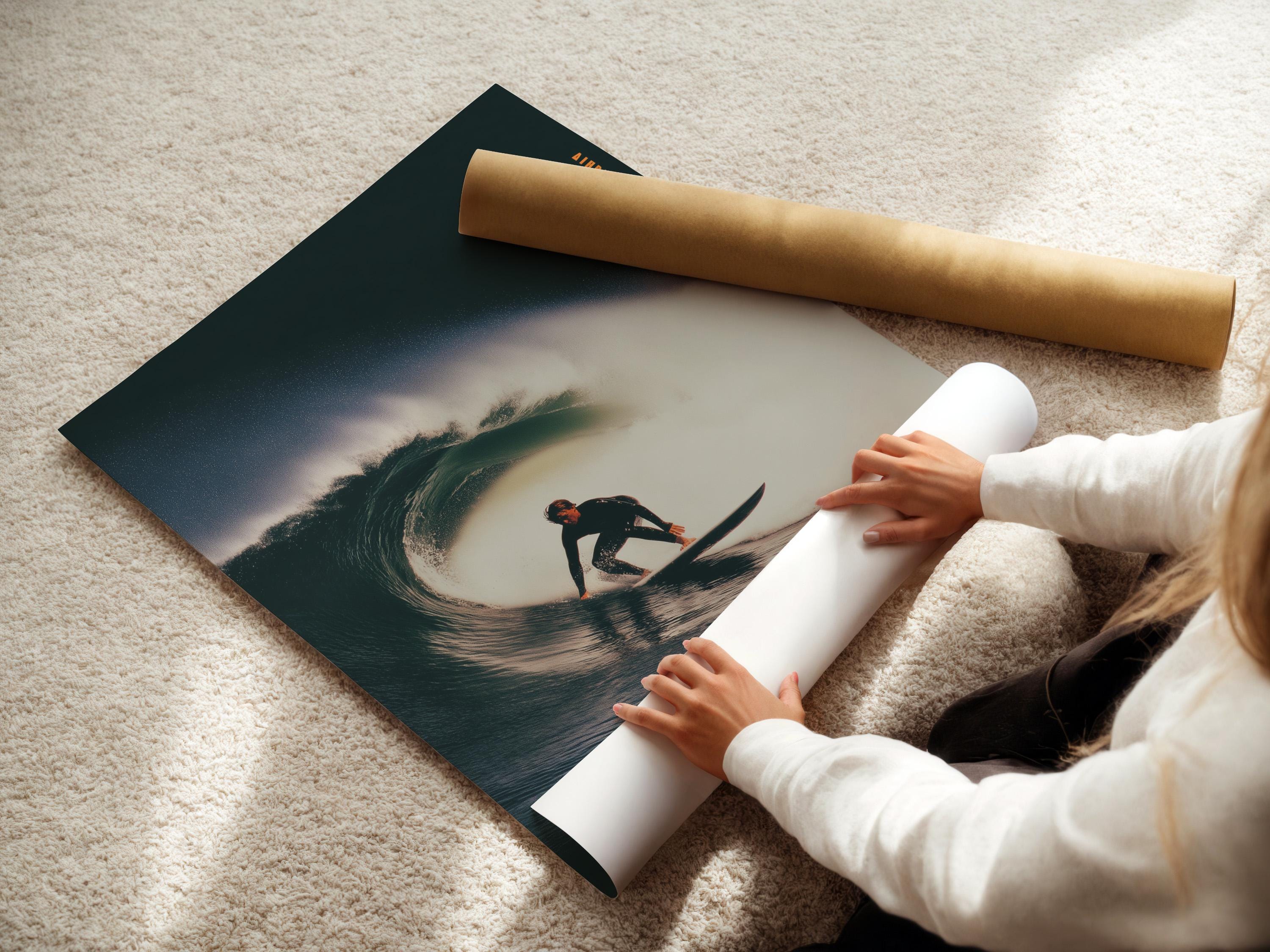 Surfer riding a curling wave, shown in dark teal ocean tones with bright white foam and spray mist detail view