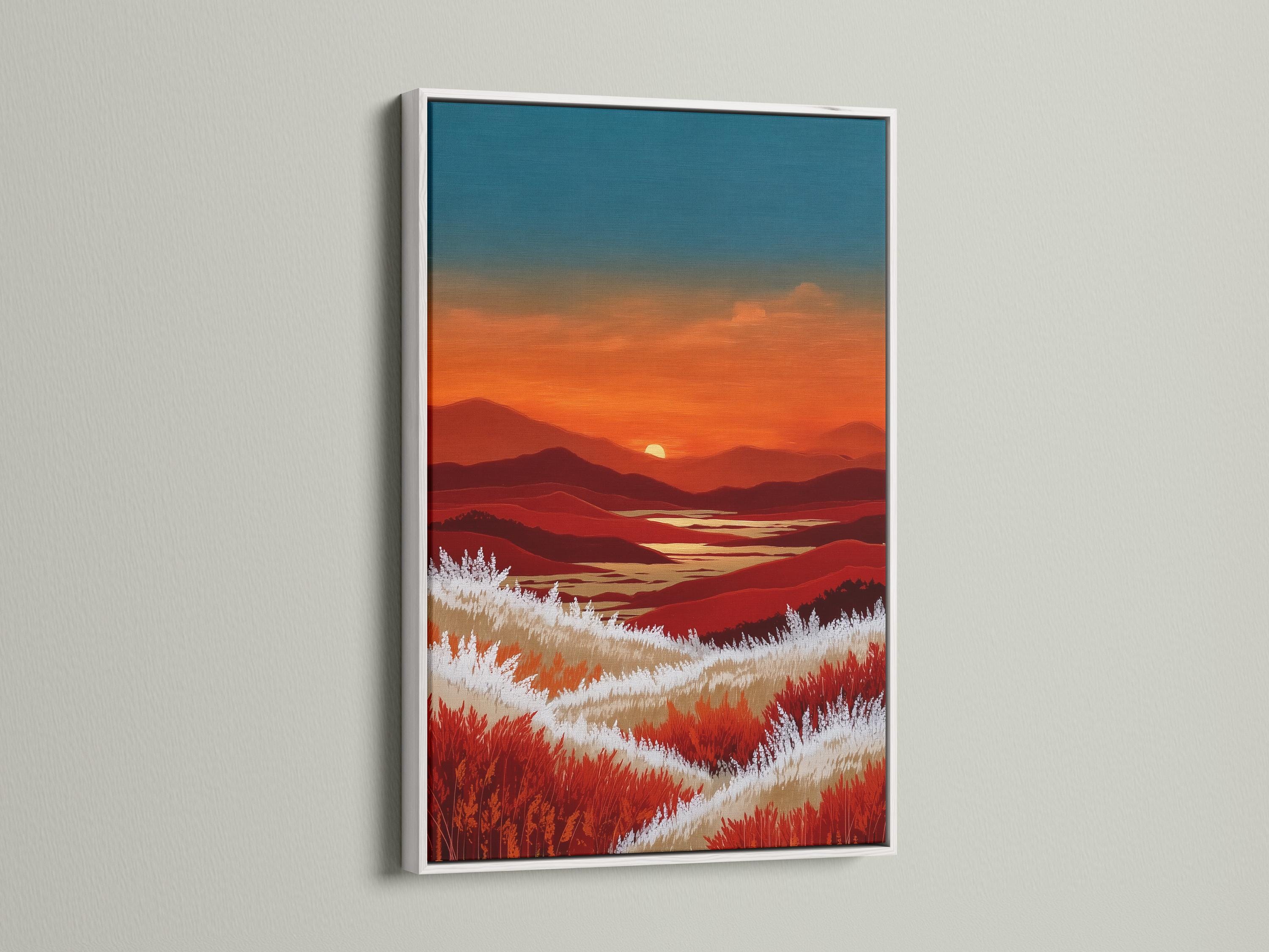 A stylised mountain sunset landscape shows layered ridgelines beneath a teal-blue sky and warm orange horizon, with bright white grass bands and red