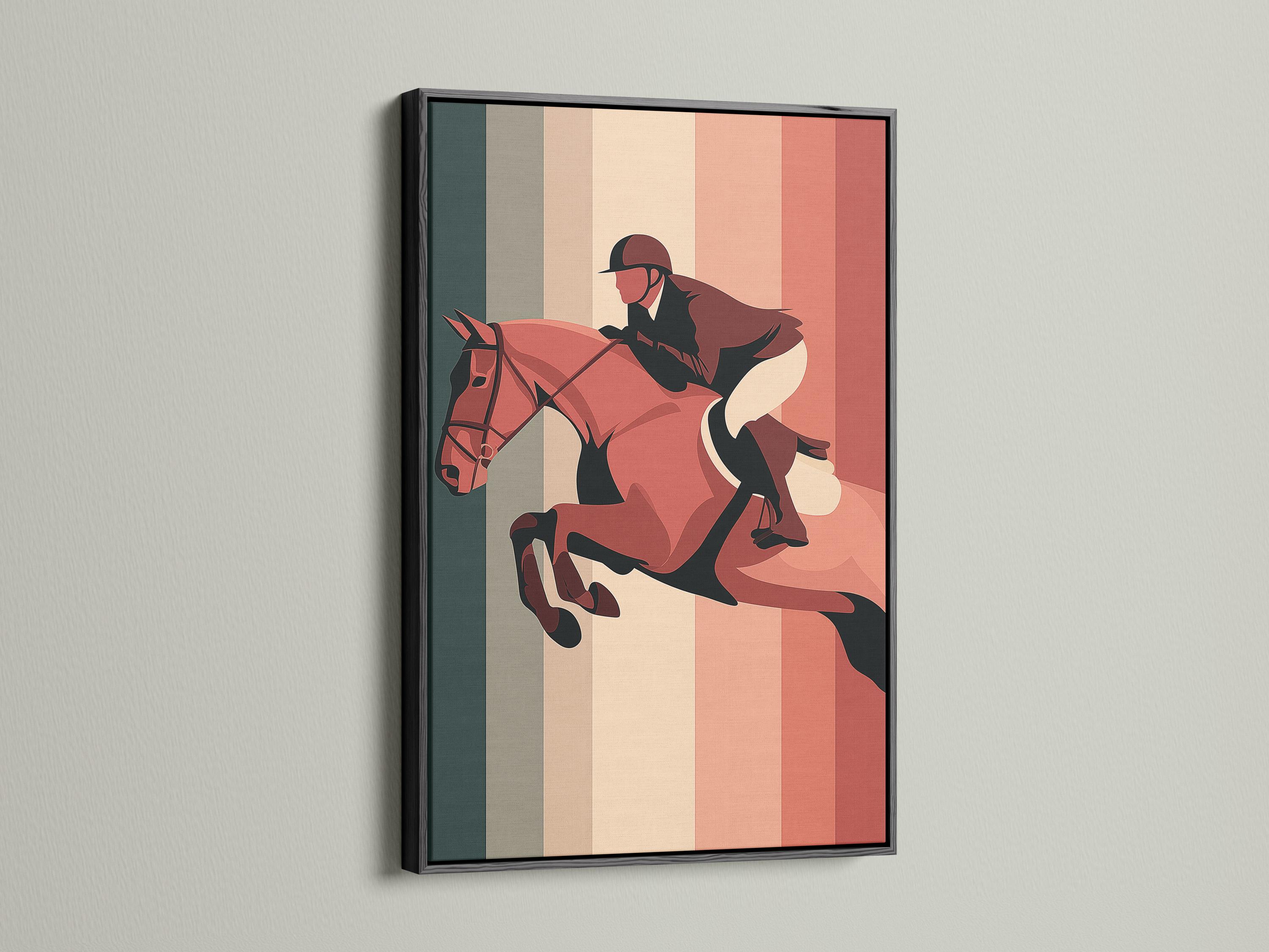 Room mockup with framed retro horse and rider artwork on striped background