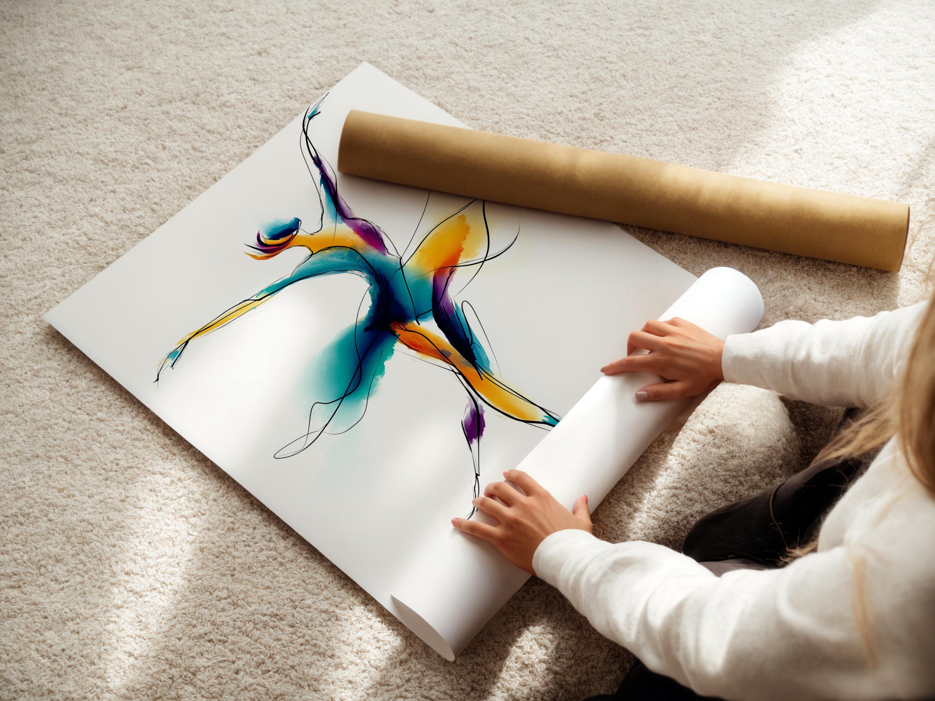 Ballet dancer illustration with teal, purple, and gold swirls on a white background detail view