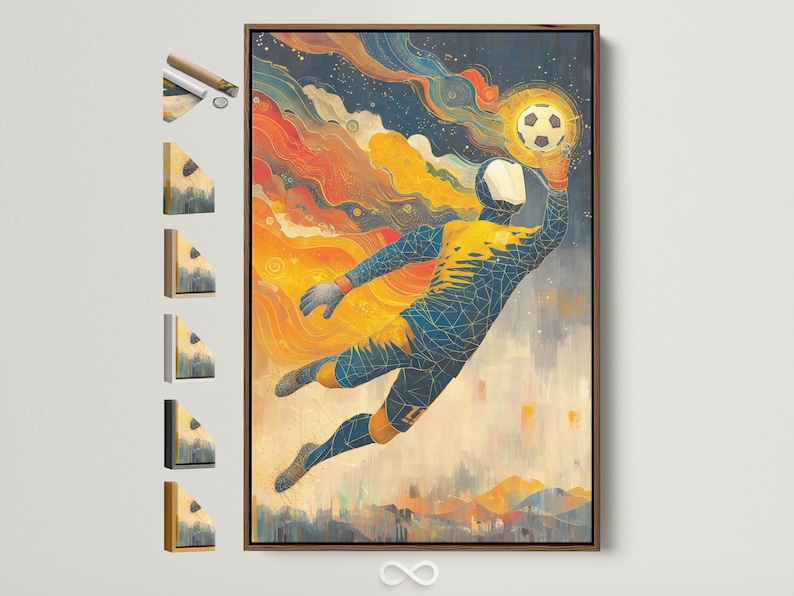 Stylised geometric football goalkeeper diving with a floating ball motif in navy, gold and red