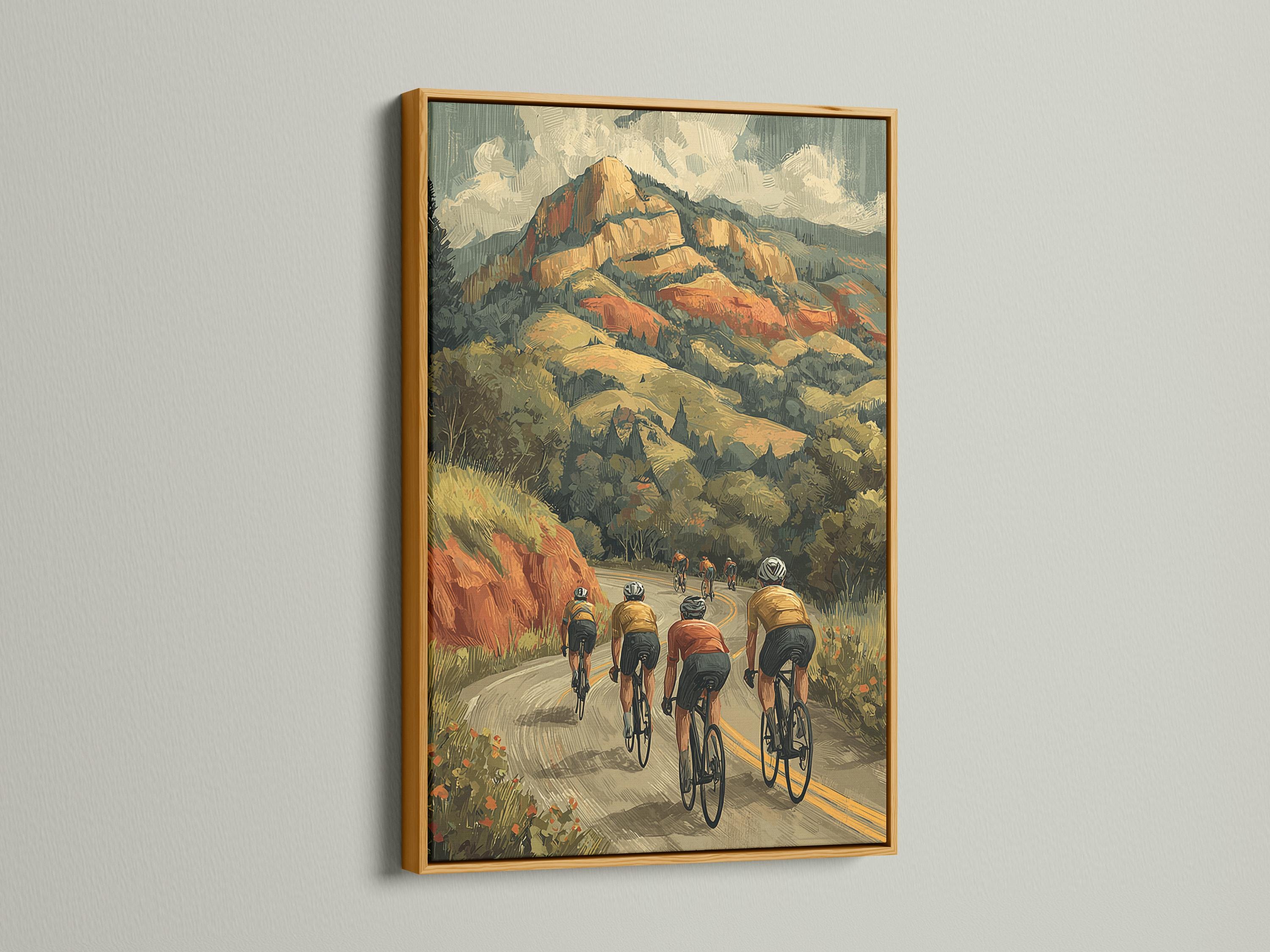 Retro mountain cycling scene with several cyclists riding on a winding road through forested hills detail view