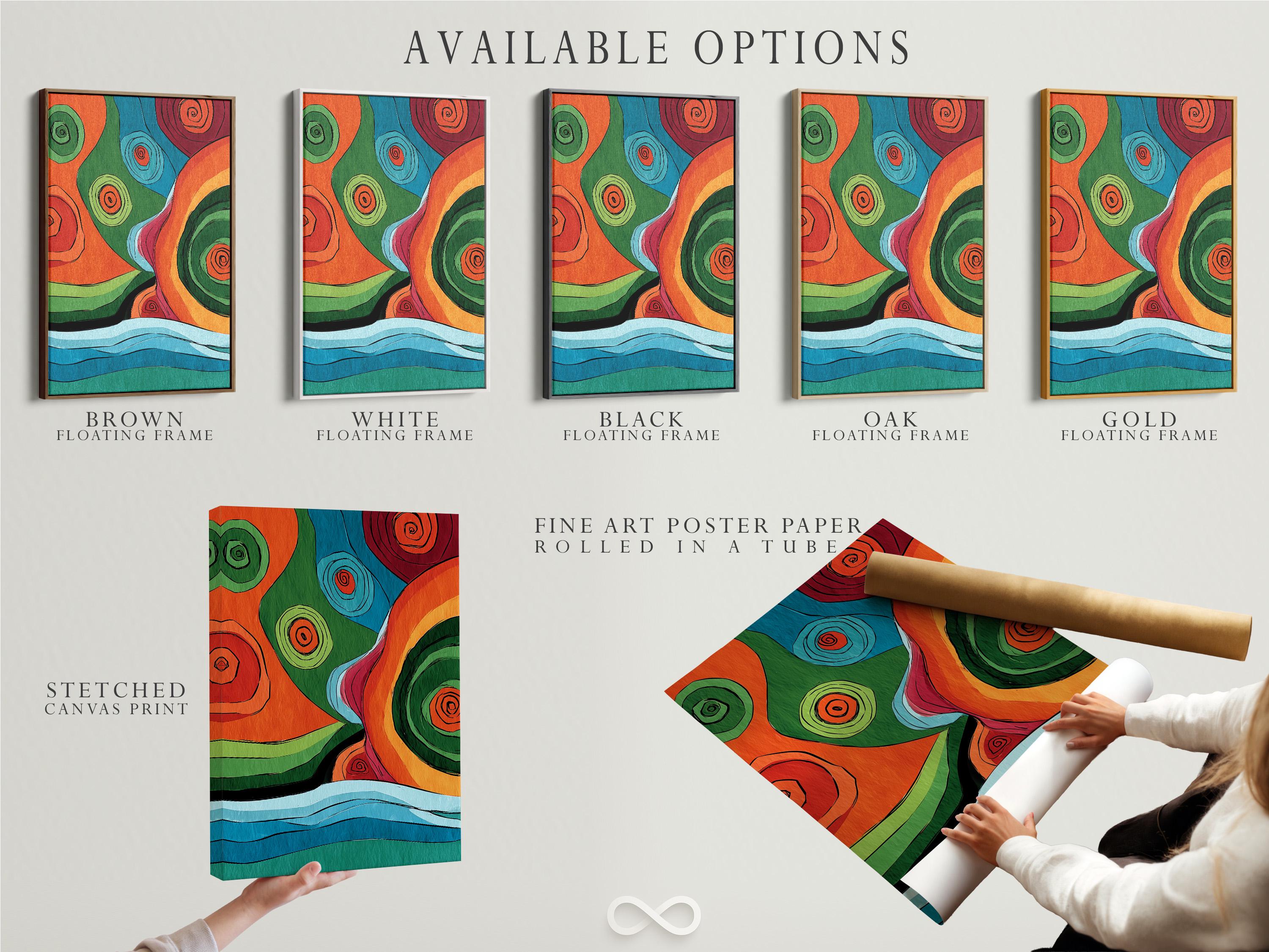 Colourful abstract artwork with overlapping circles and concentric spiral swirls in orange, green, blue and red detail view