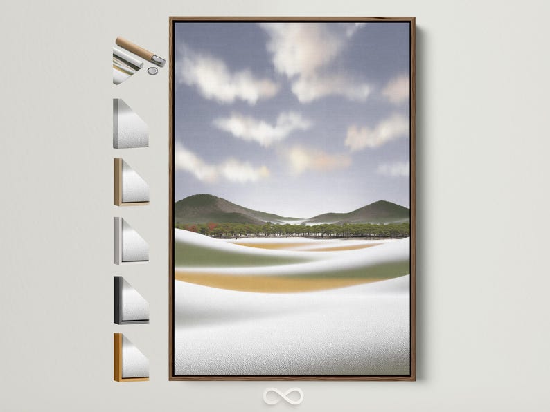 Neutral meadow landscape with rolling green hills, trees, and a misty cloud sky