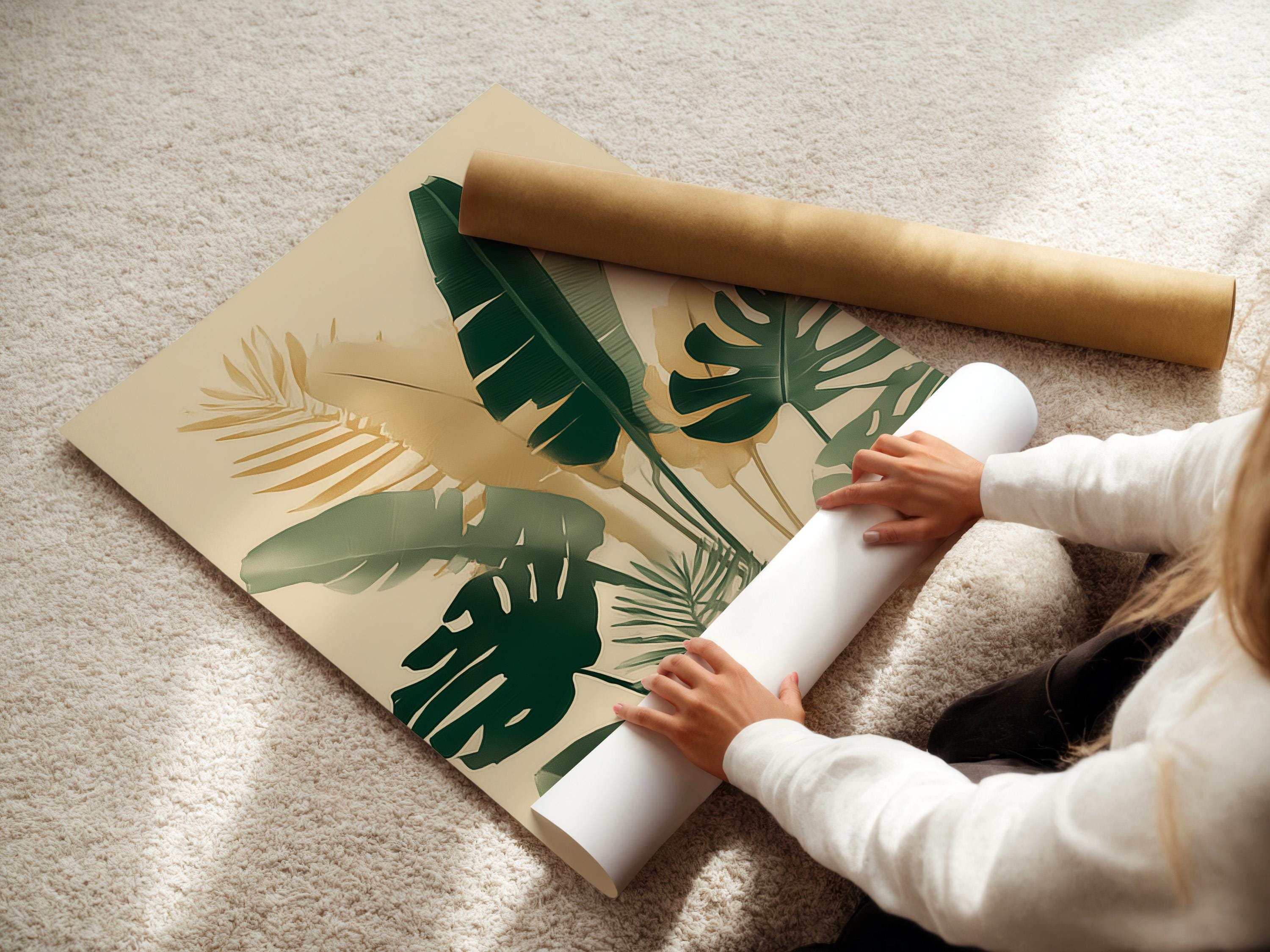 Room mockup showing framed botanical artwork with tropical leaves in cream and green