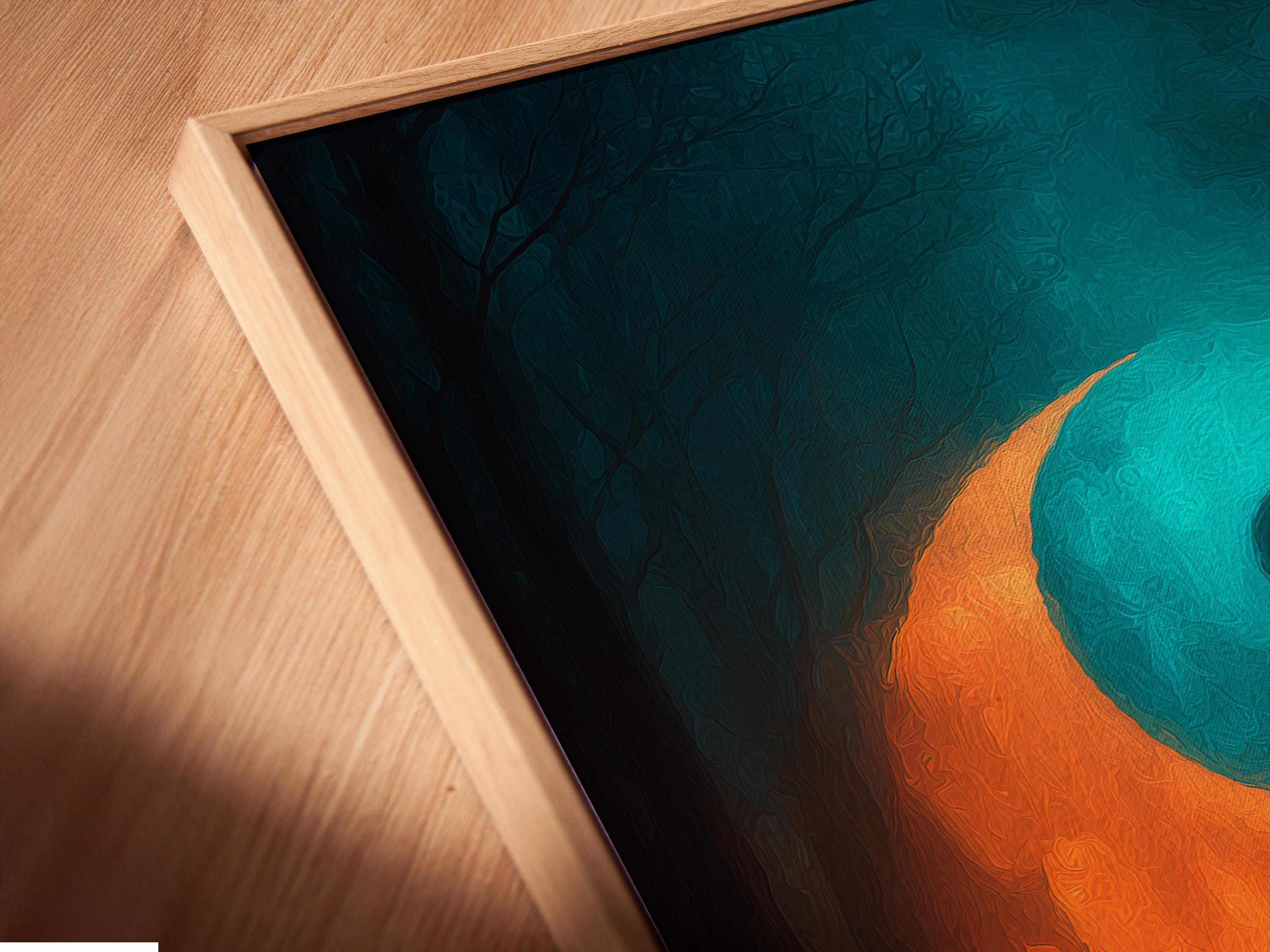 Room mockup showing a framed artwork with a teal and orange yin-yang symbol and two meditating figures