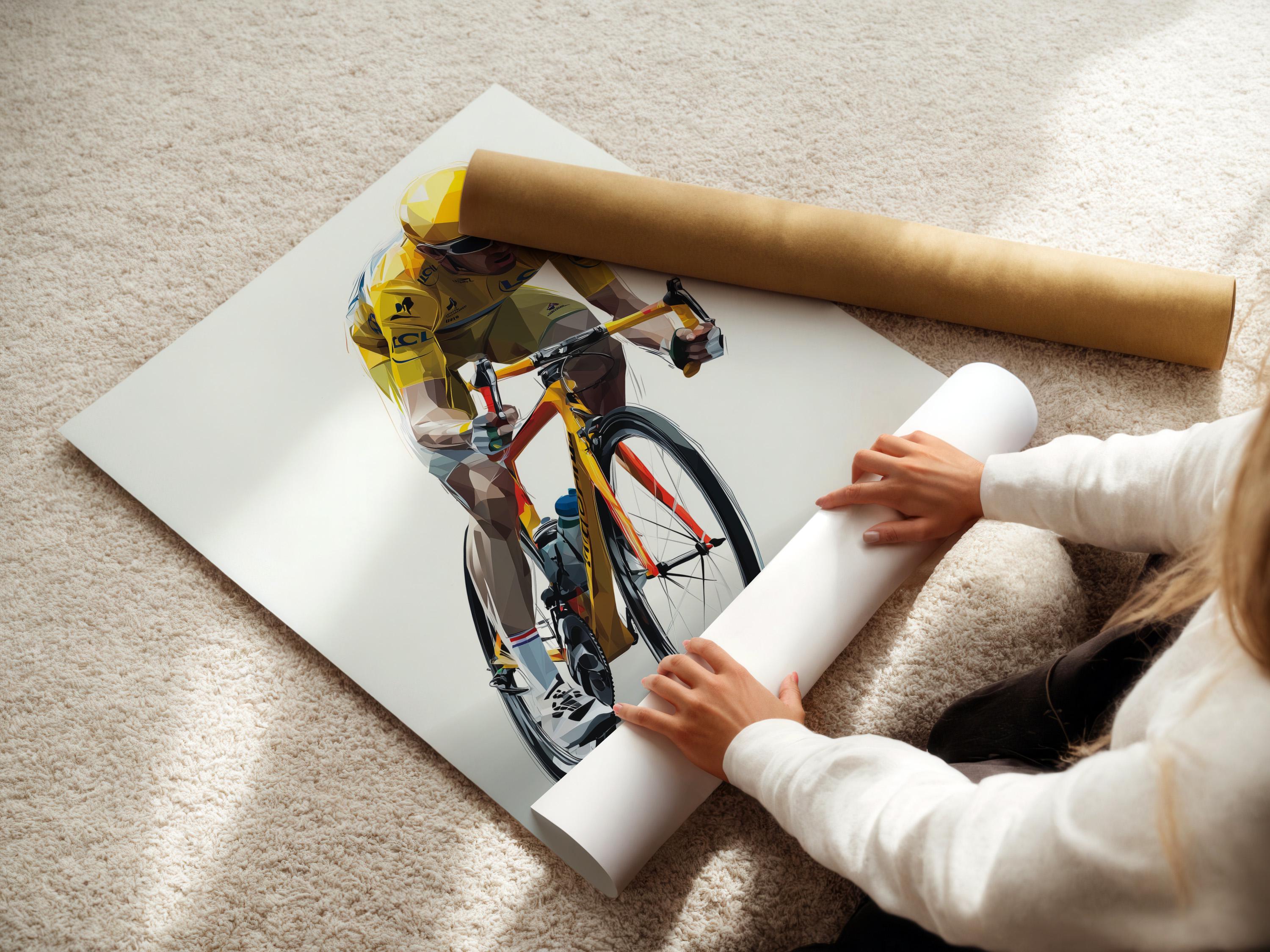 Wall mockup with a framed geometric cyclist artwork in yellow and black