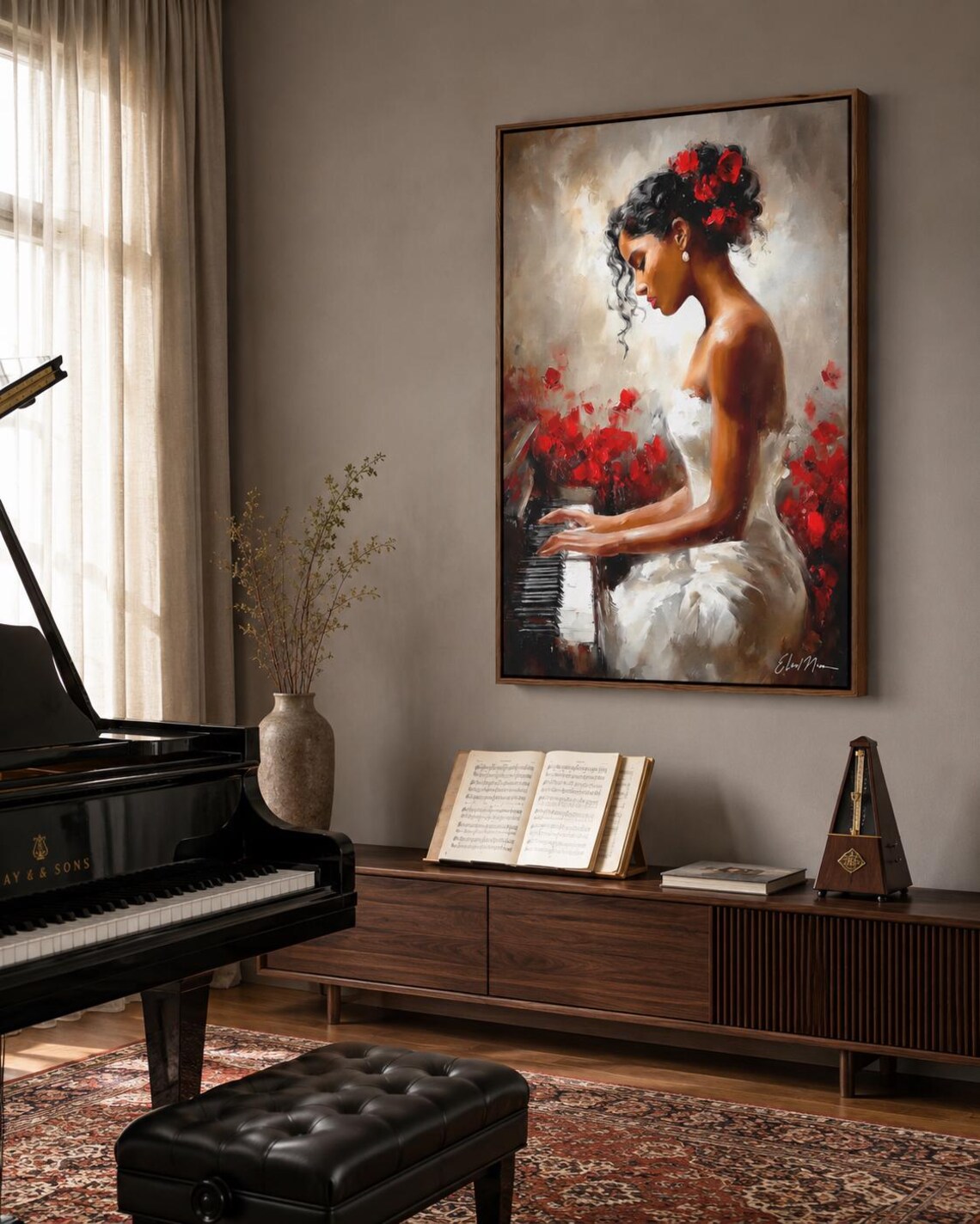 A framed artwork of a woman playing a piano with red flowers displayed in a room