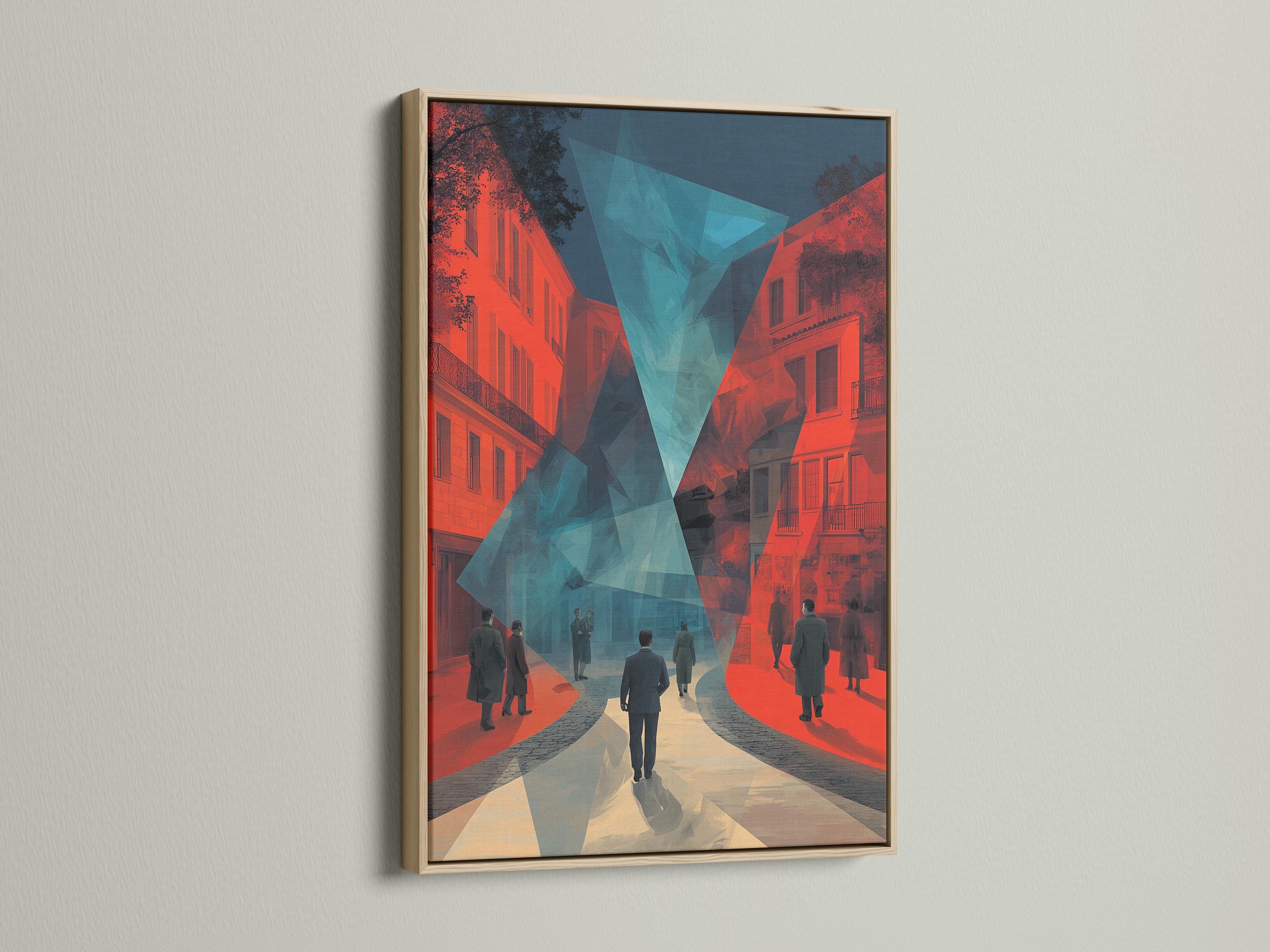 Stylised city street artwork with coral buildings, teal geometric centre and dark blue shadows detail view