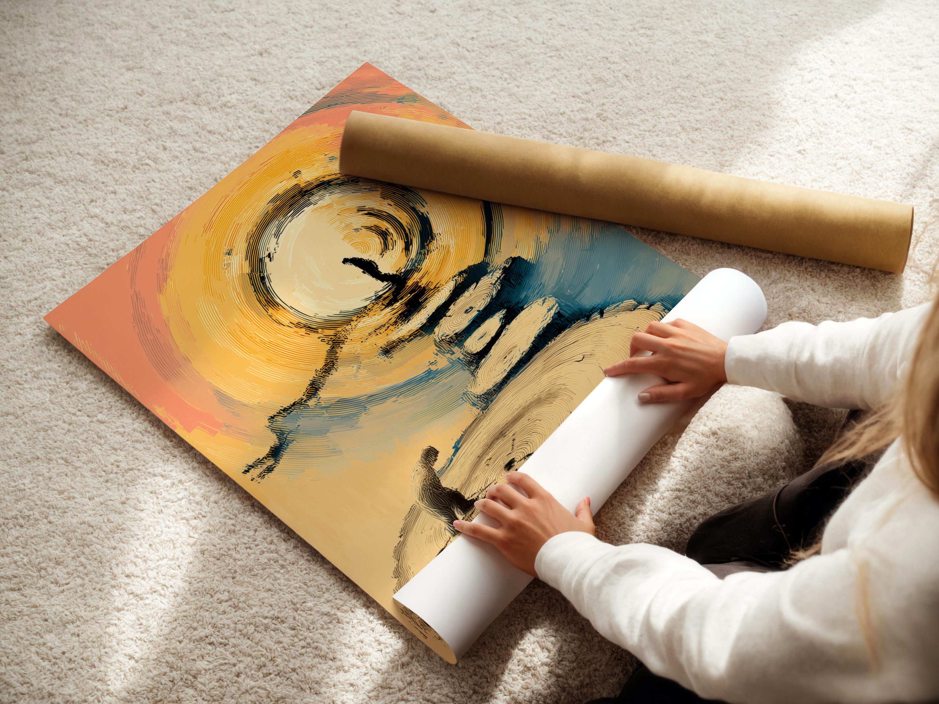 Abstract halo above curved steps with a small dark silhouette, in beige, gold and sky blue detail view