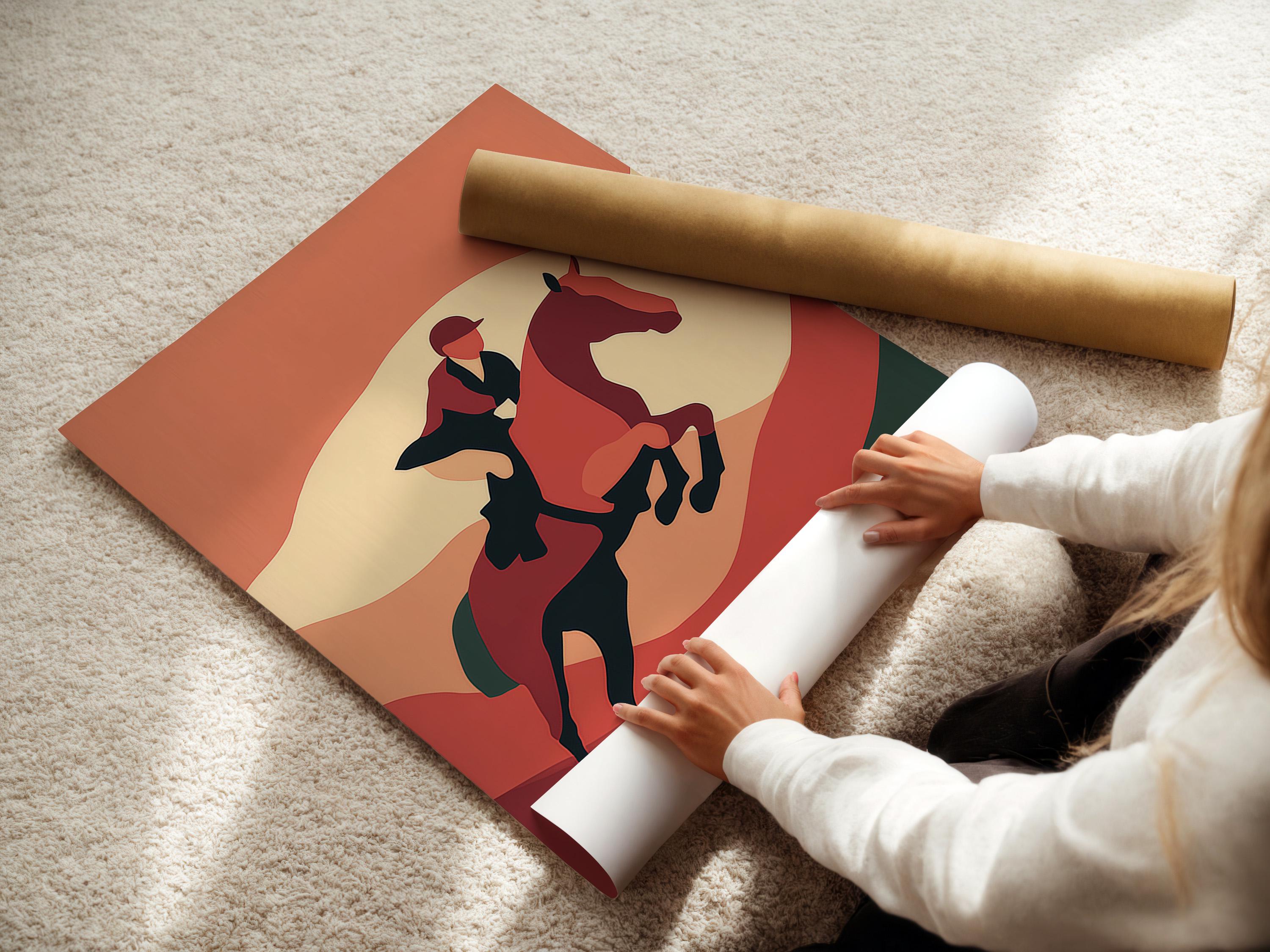 Room mockup showing framed horse and rider artwork in terracotta tones