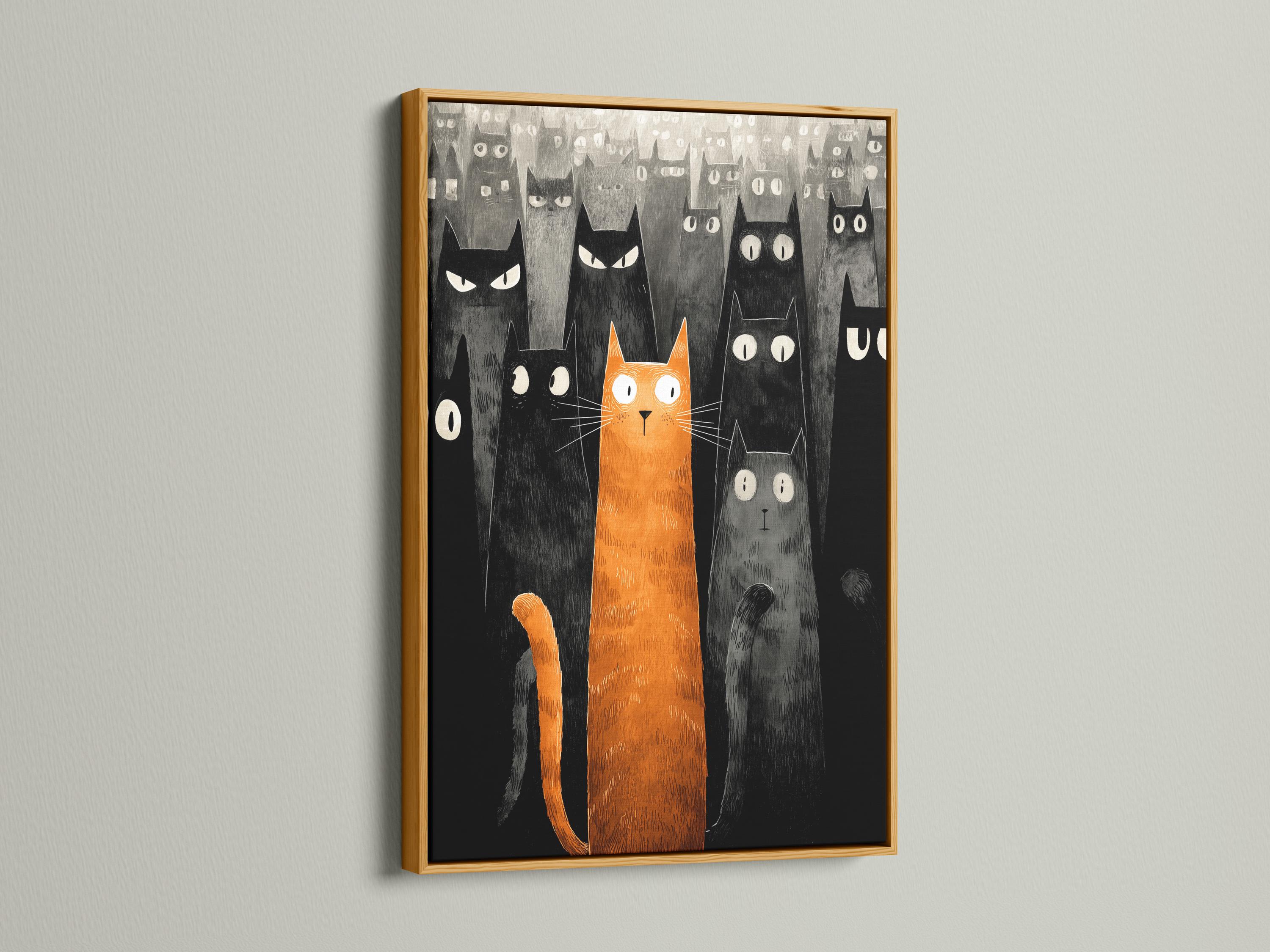 Orange cat and multiple black and grey cats in a textured illustration style detail view