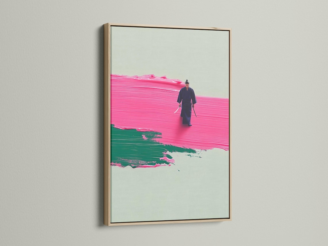 A stylised warrior figure walking across hot pink and emerald green textured bands on a pale background detail view
