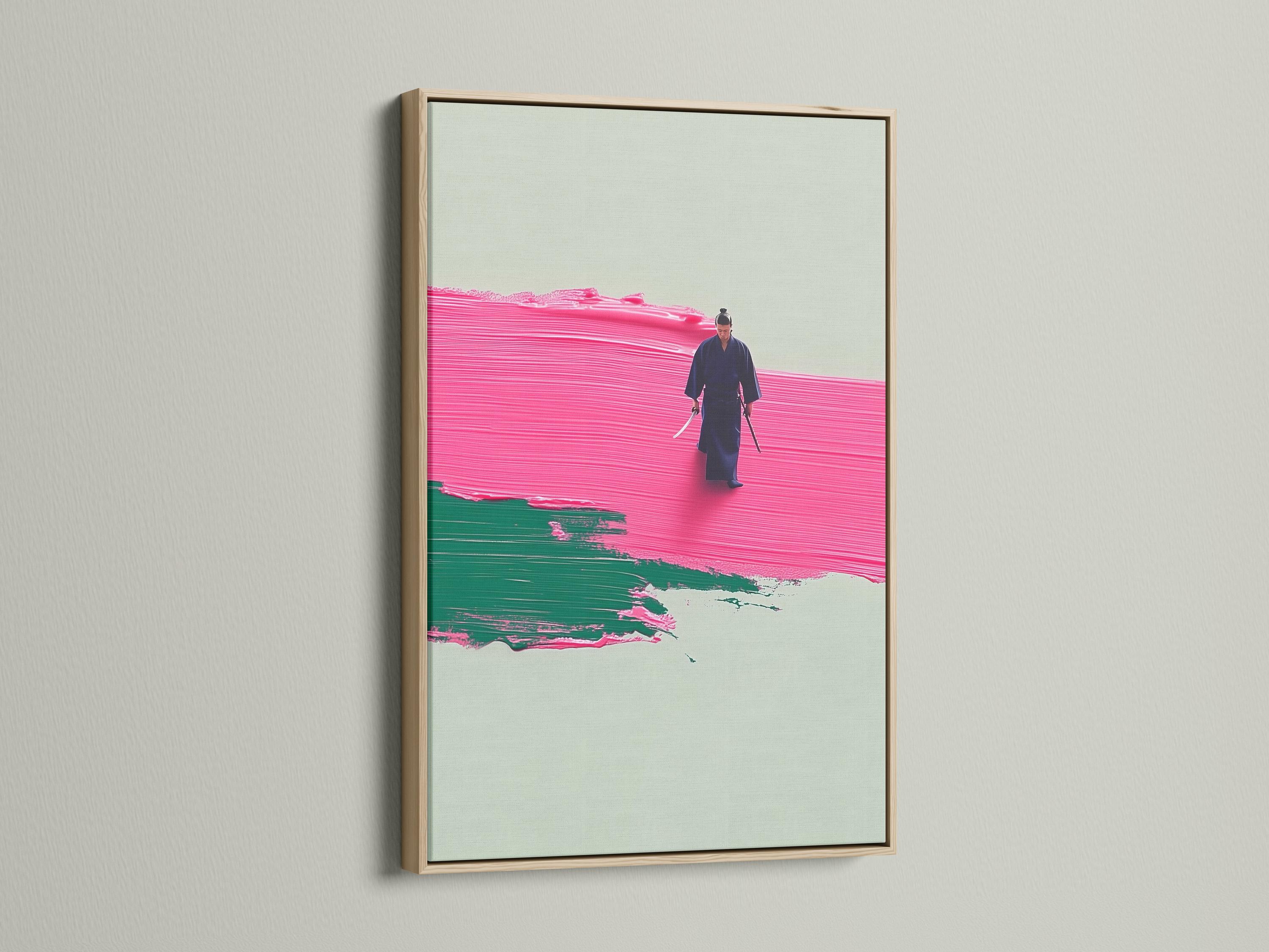 A stylised warrior figure walking across hot pink and emerald green textured bands on a pale background detail view