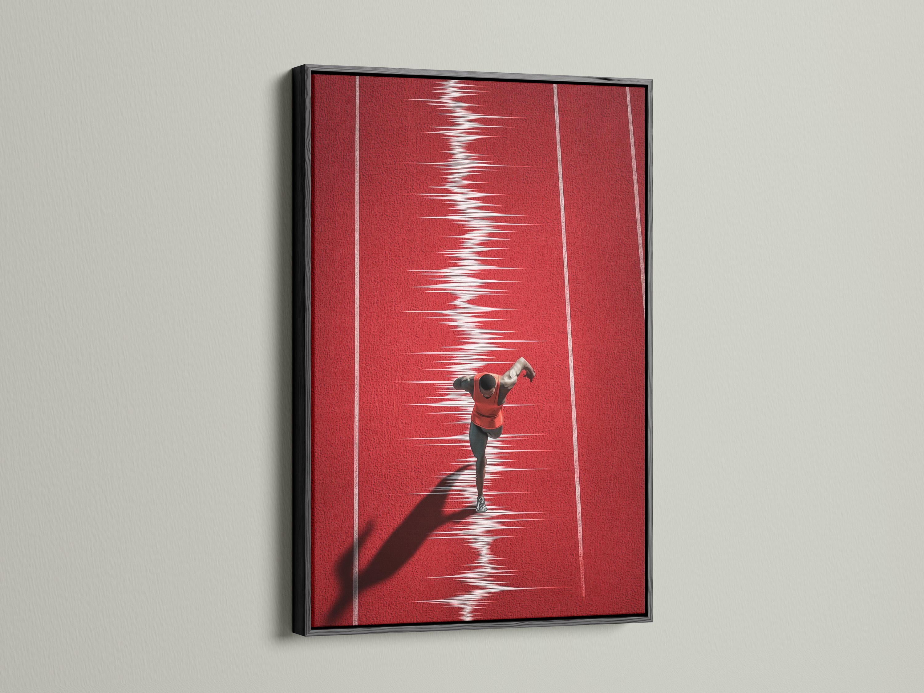 Mockup showing a framed red runner track artwork on a light wall