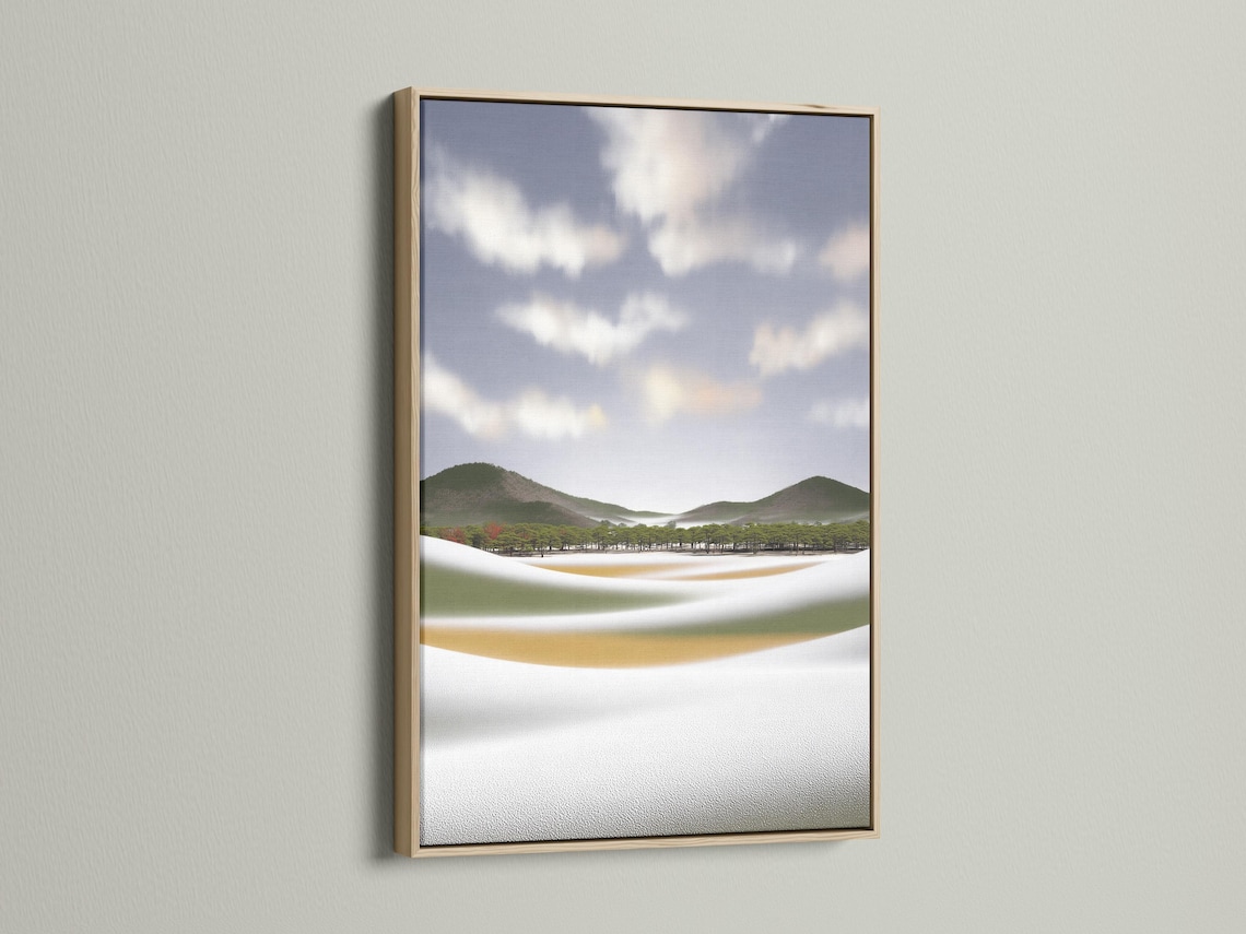 Neutral meadow landscape with rolling green hills, trees, and a misty cloud sky detail view