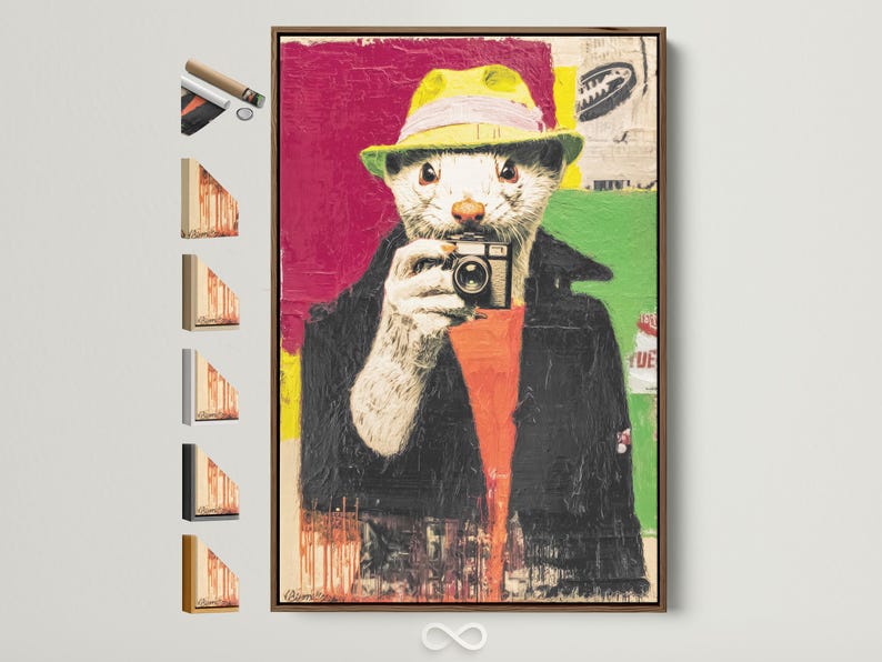 Pop-art portrait of a dog-like animal photographer holding a vintage camera, with bright magenta and green background
