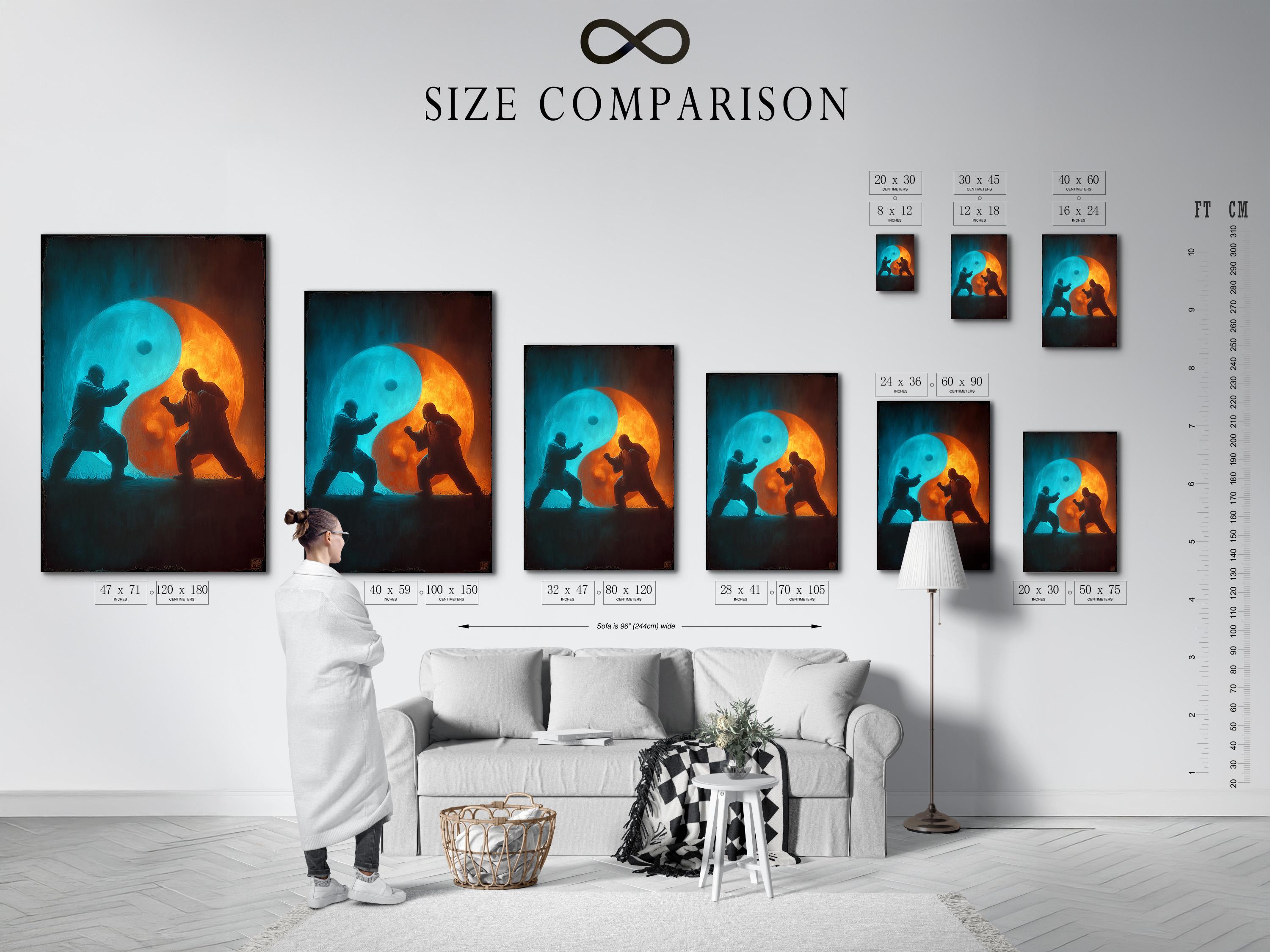Turquoise and orange yin-yang style artwork with two martial artists facing each other detail view