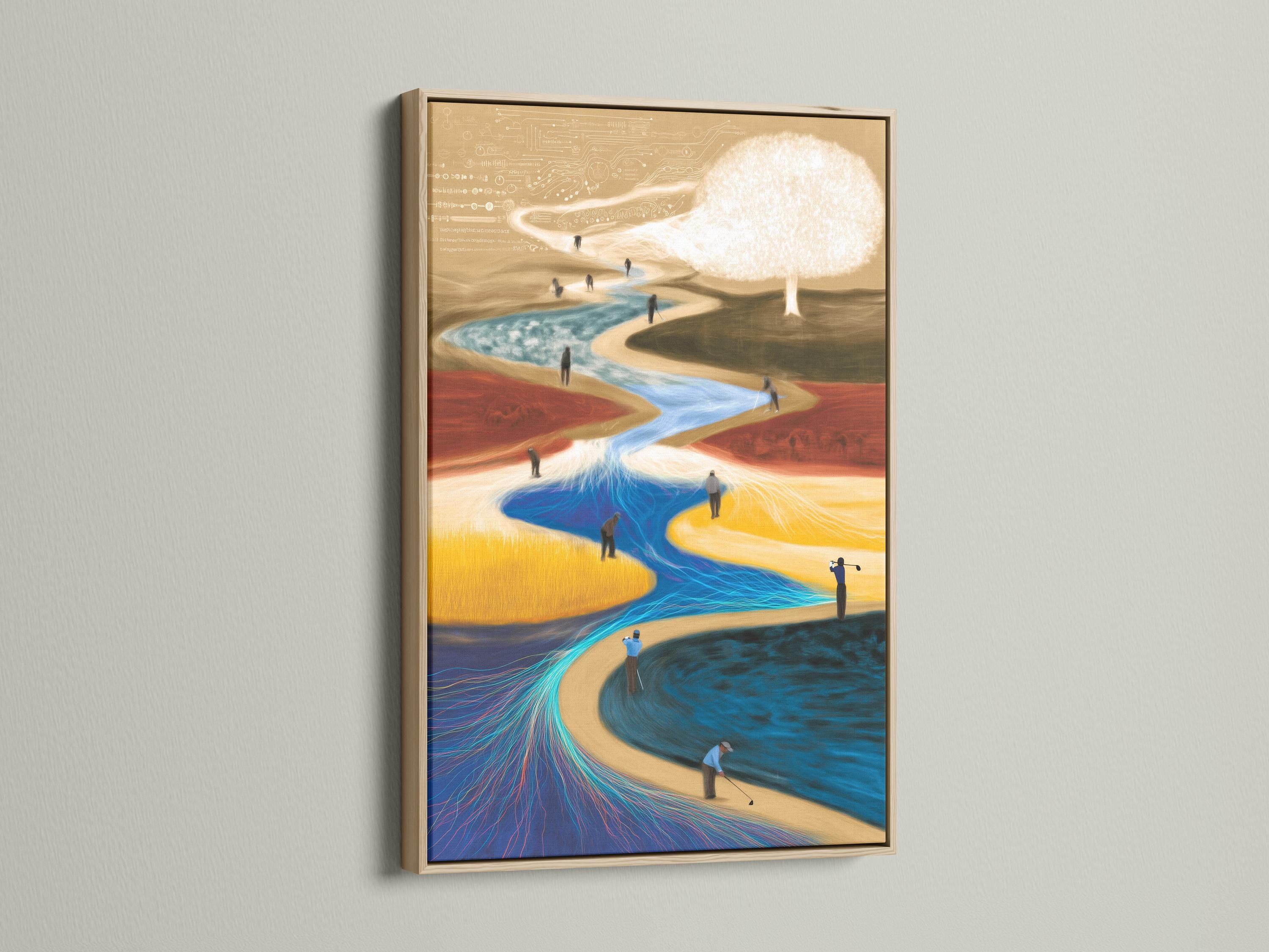 Abstract golf course scene with a bright sunburst, winding blue channel, and small golfers detail view