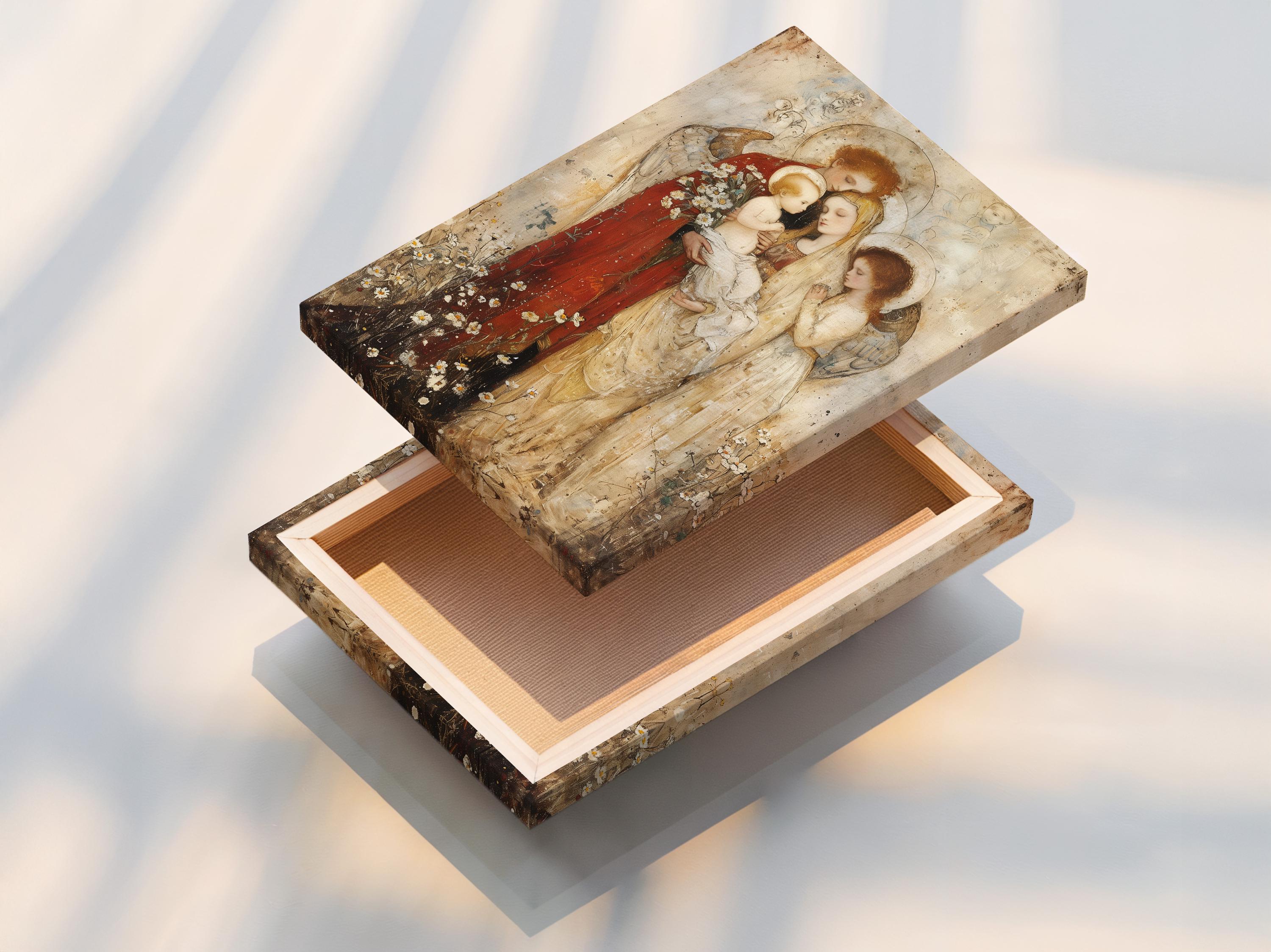 Room mockup featuring a framed religious artwork of Madonna holding a baby with winged angels