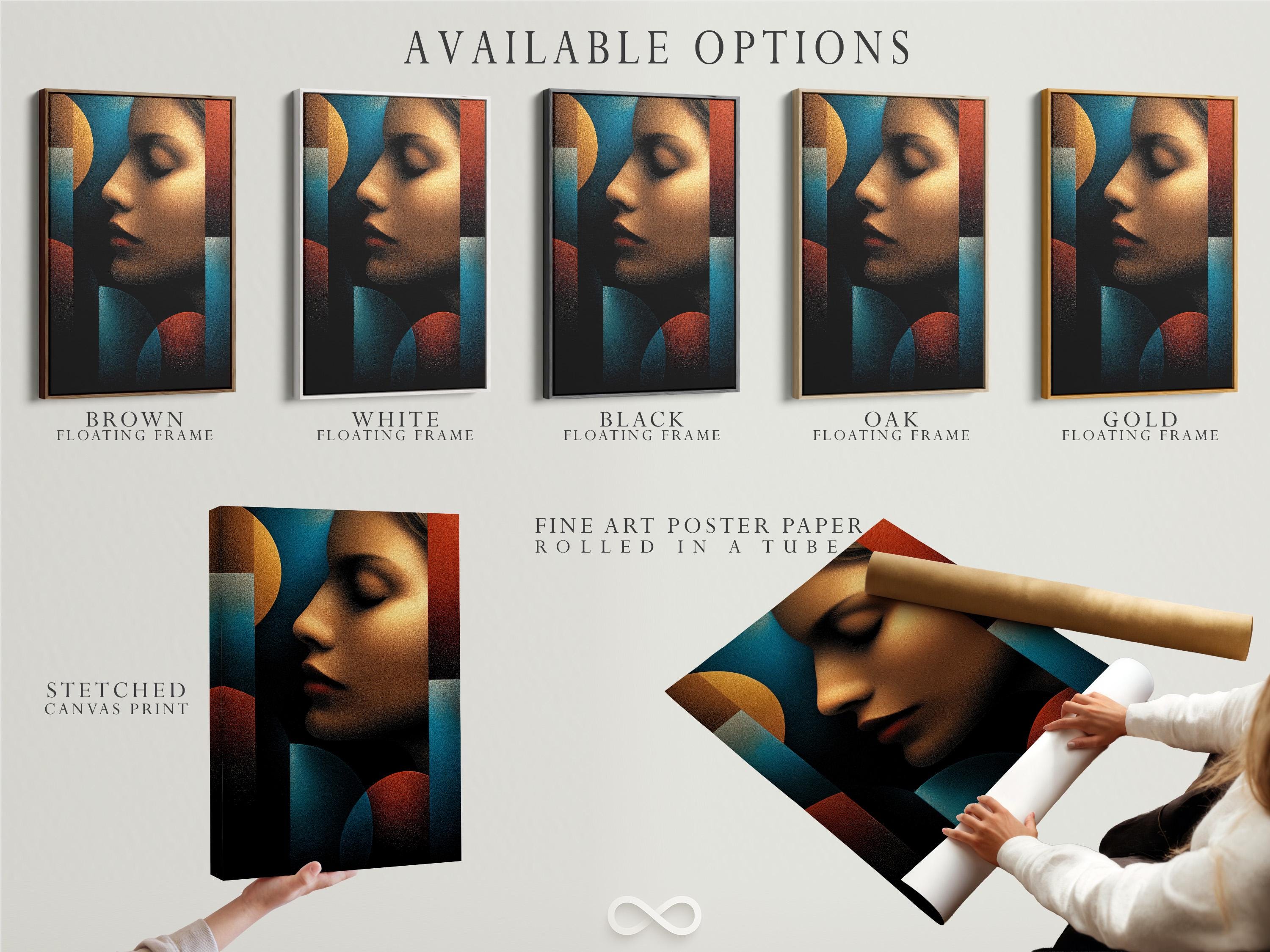 Abstract woman portrait profile in teal, bronze and burnt red-orange with textured shading detail view
