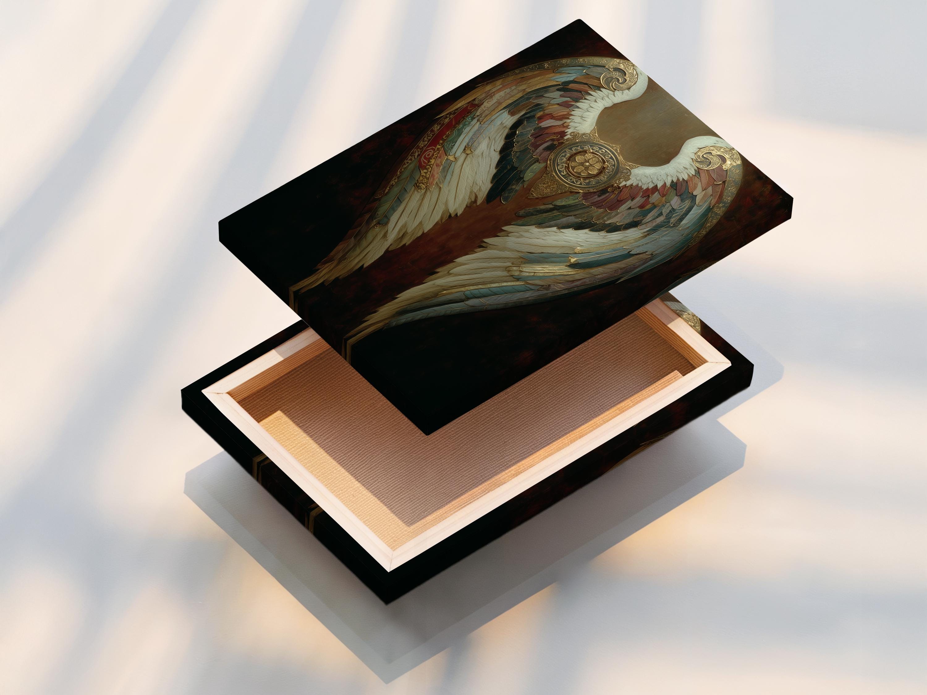 Artwork mockup showing ornate gold angel wings wall art in a dark vintage style