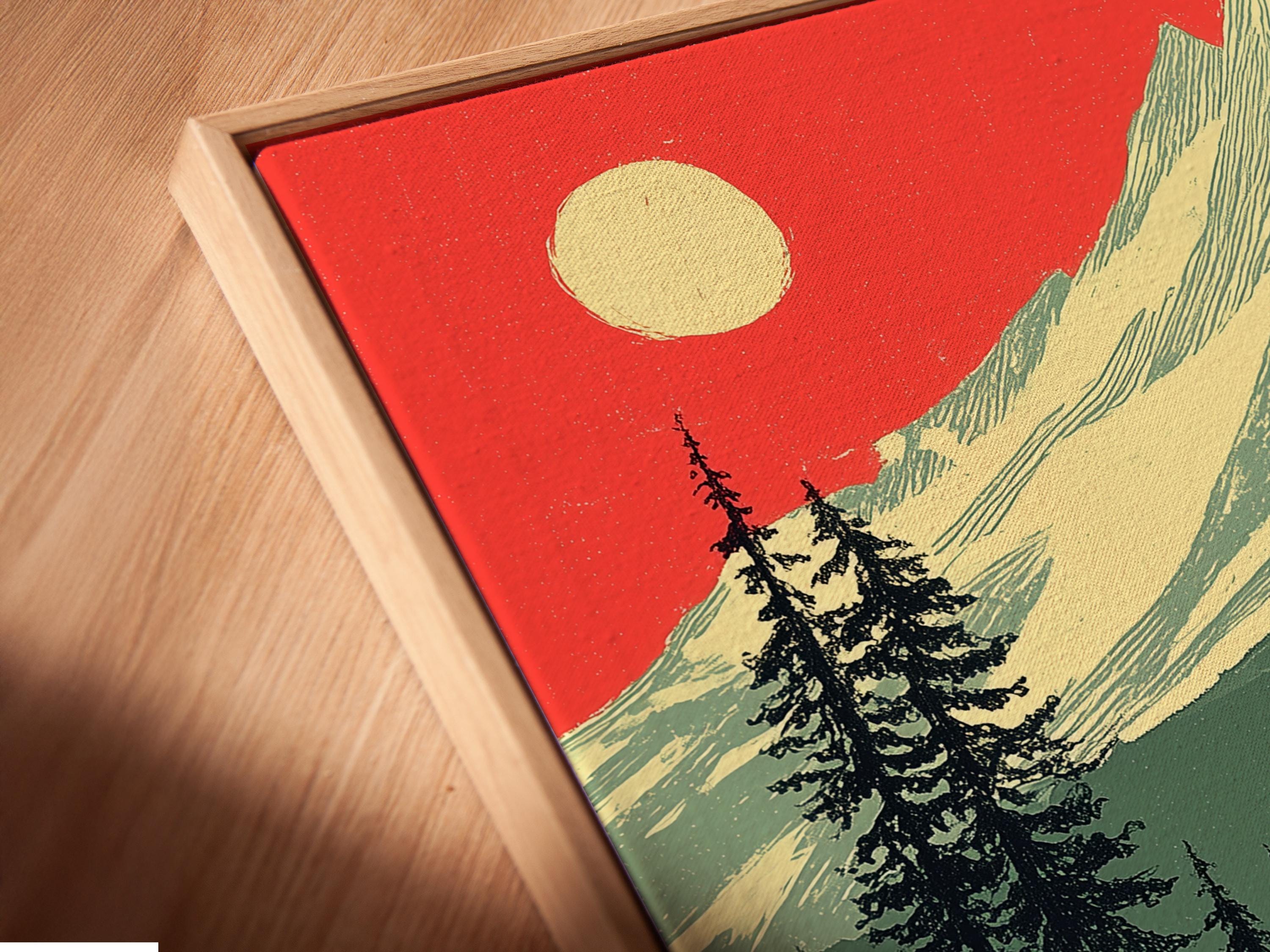 Retro mountain lake landscape with red sky, pine trees, cabins and boats on reflective water detail view