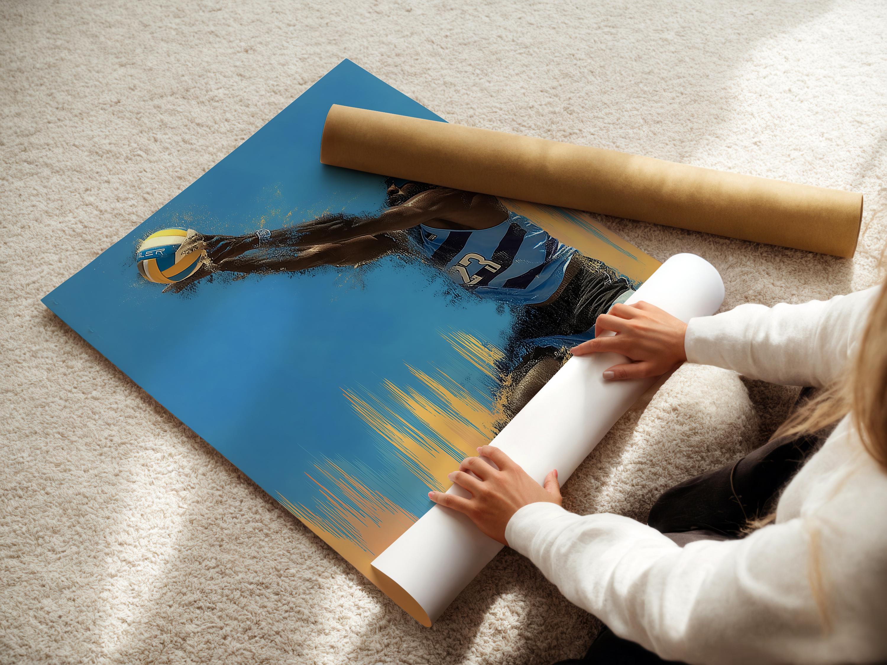Volleyball player artwork in a dynamic pose with blue and sandy yellow paint splashes detail view