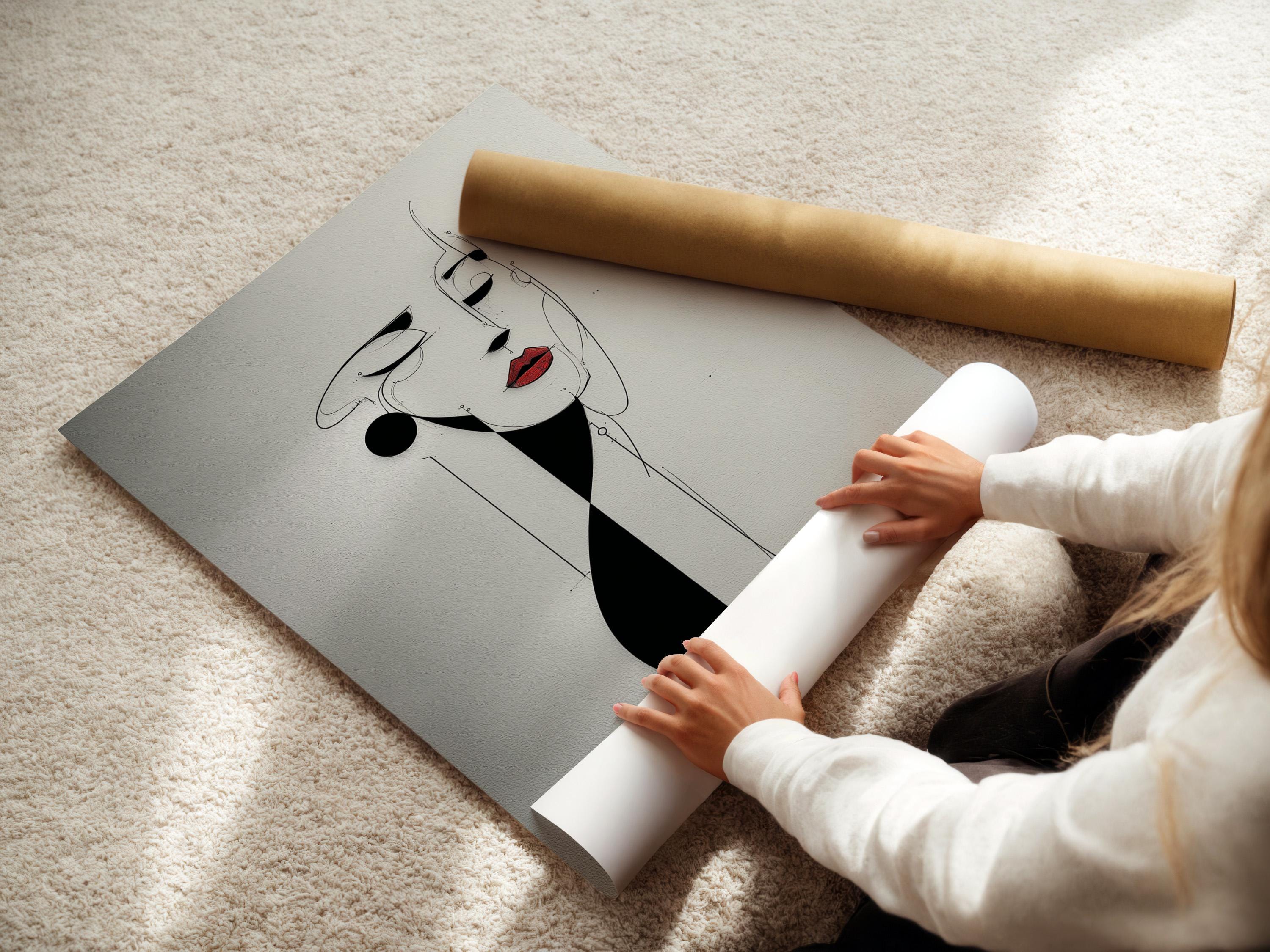 Minimalist black and white line-art woman face with red lips accent detail view