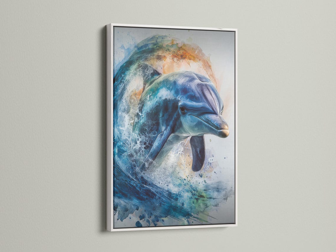 Mockup of blue dolphin ocean artwork shown in a framed layout