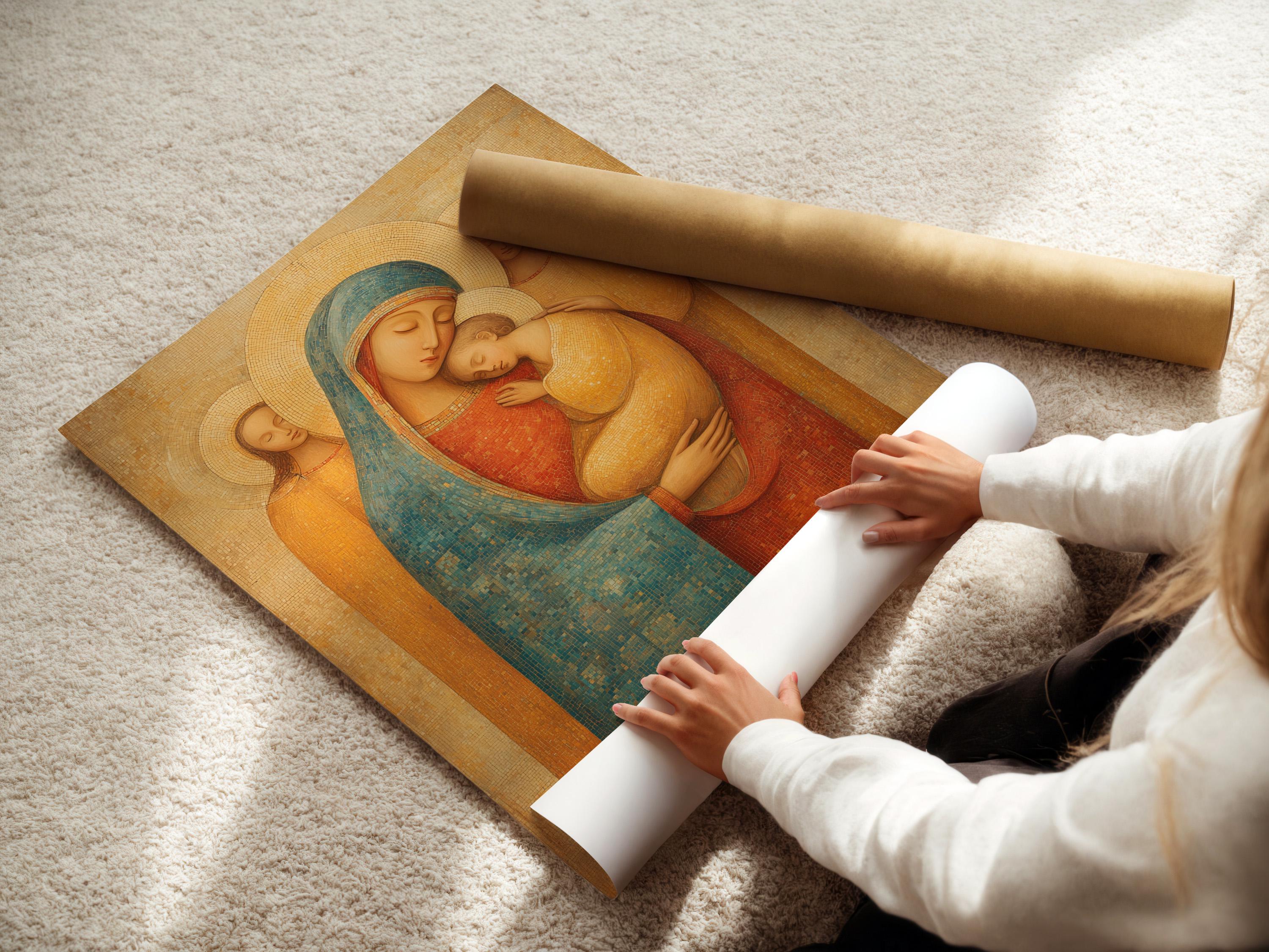 Room mockup showing framed Madonna and Child religious icon artwork