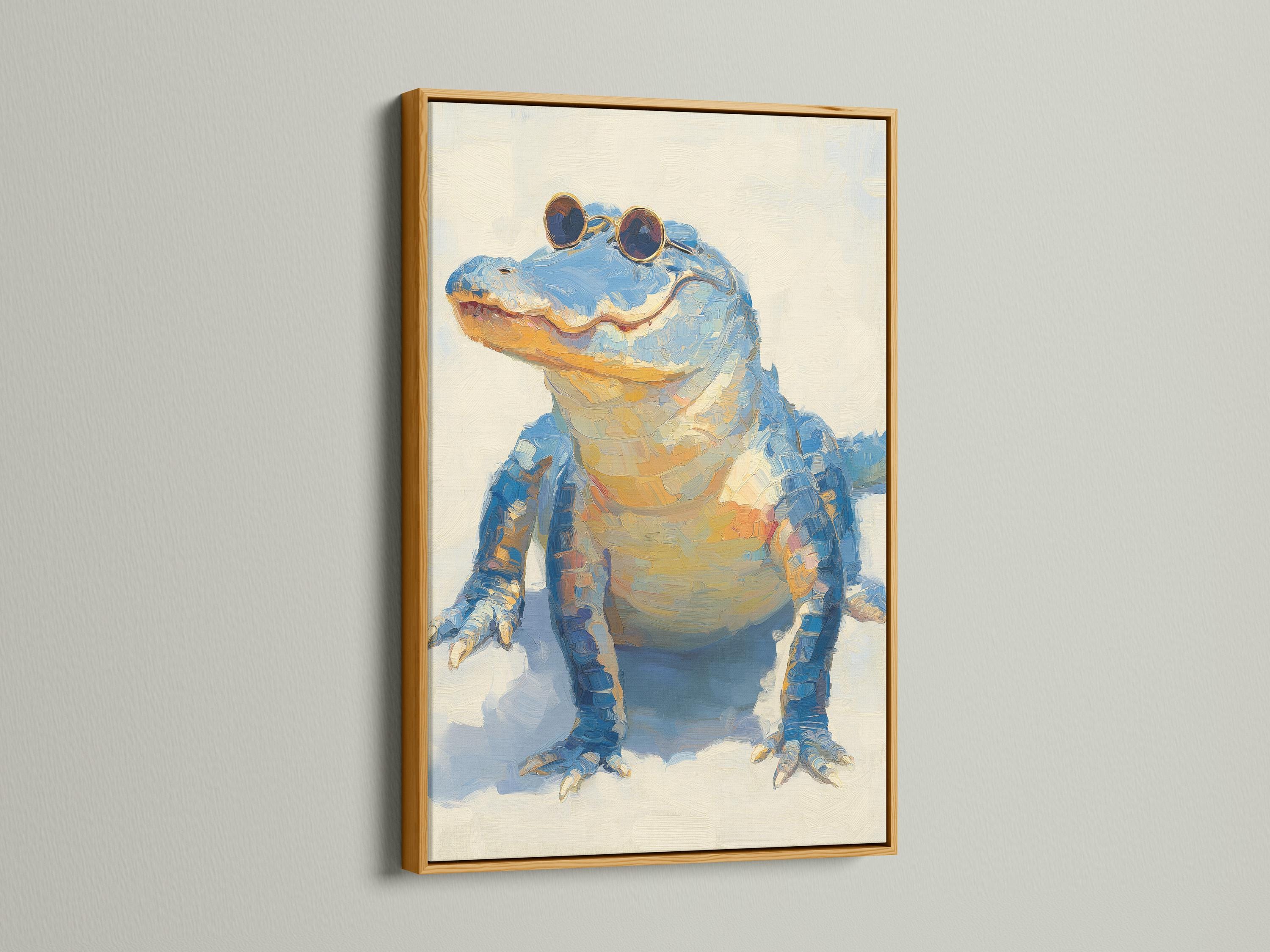 A stylised blue alligator figure wearing round sunglasses on a pale background detail view