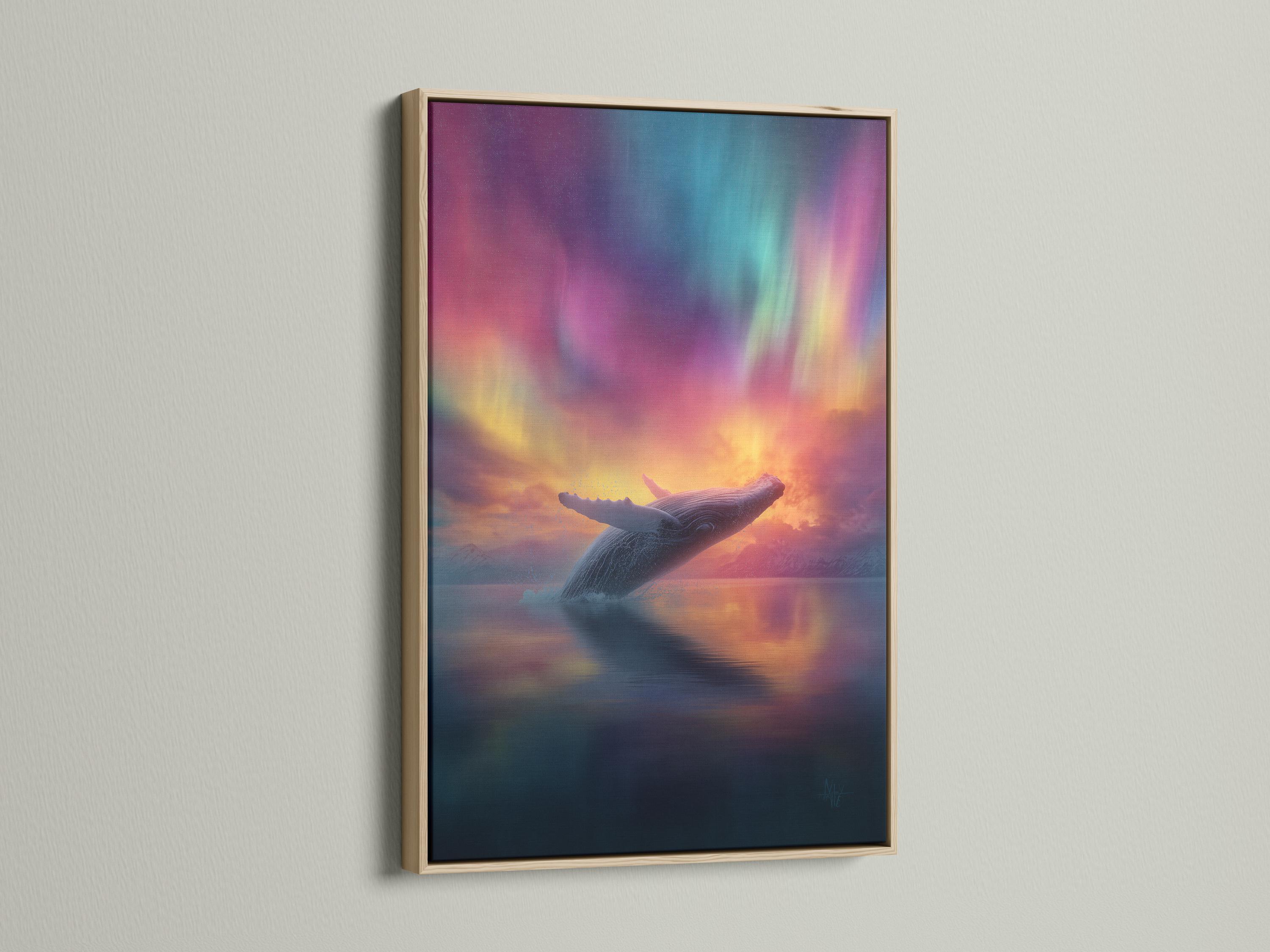 A leaping whale over reflective dark water beneath a pastel aurora sky detail view