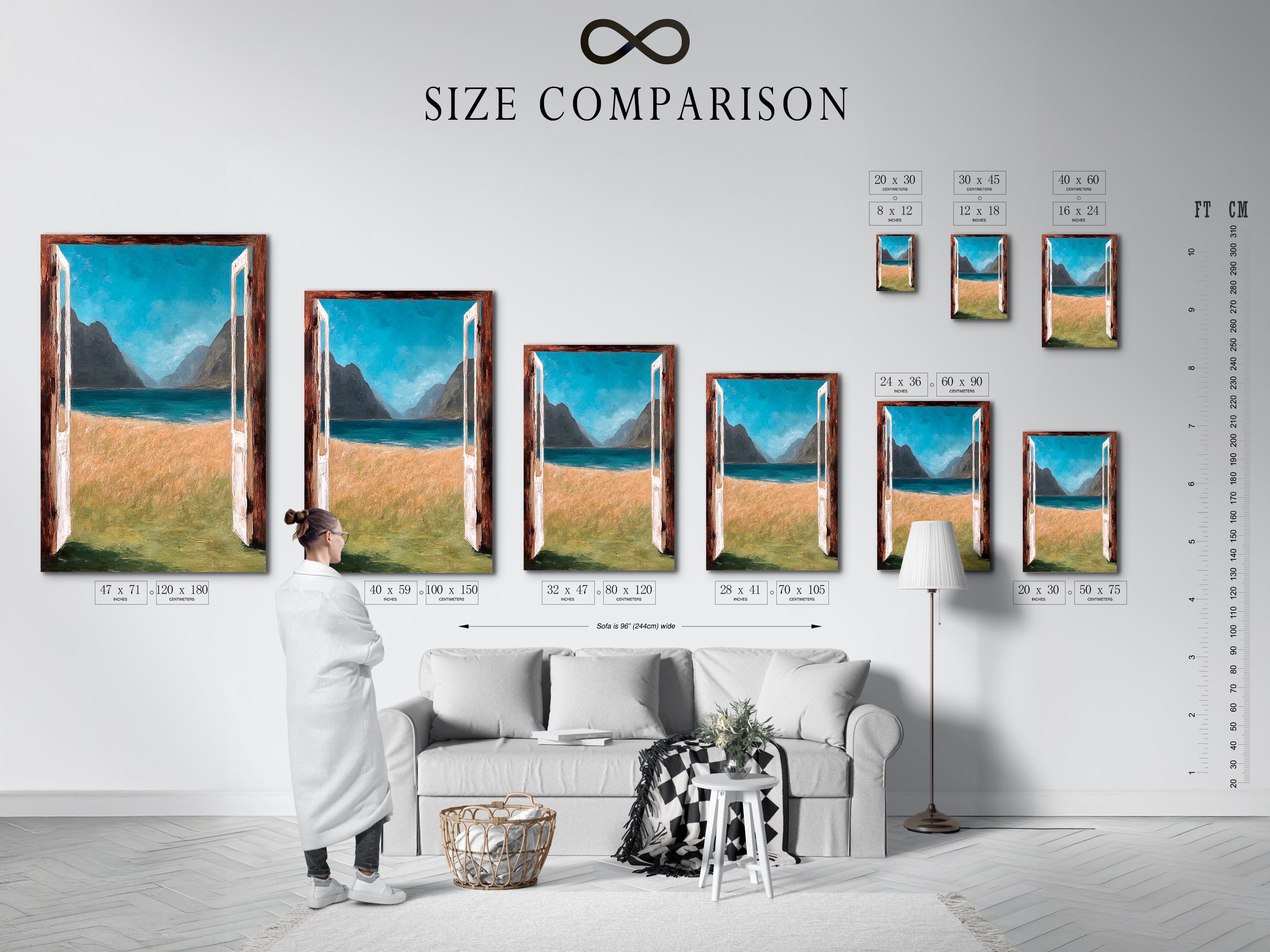 Room mockup showing a framed doorway seascape artwork with turquoise sea and mountains