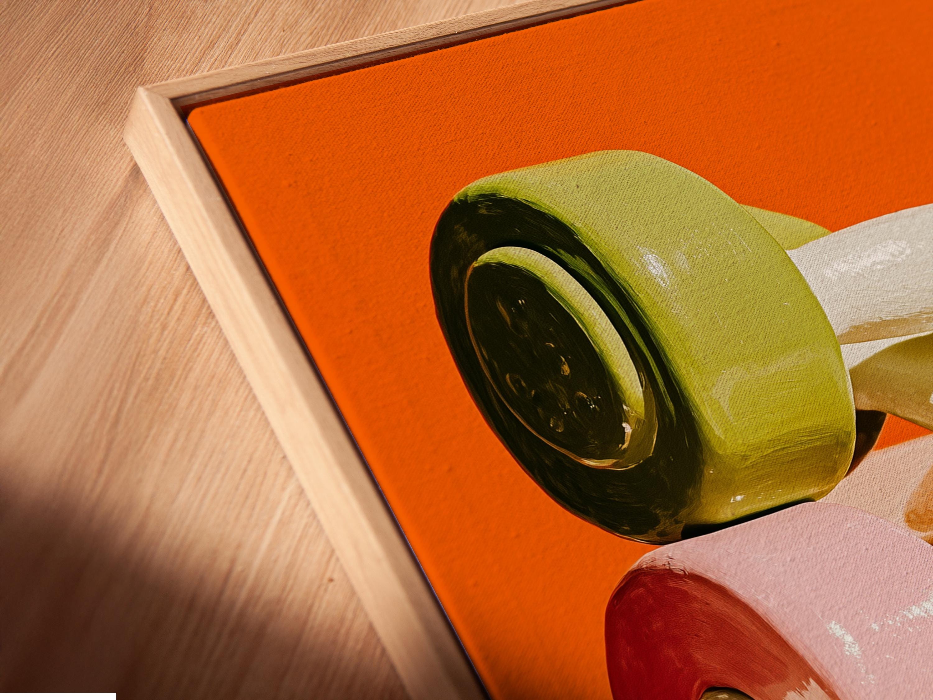 Stylised dumbbell artwork with green and yellow weight plates on a bright orange background detail view
