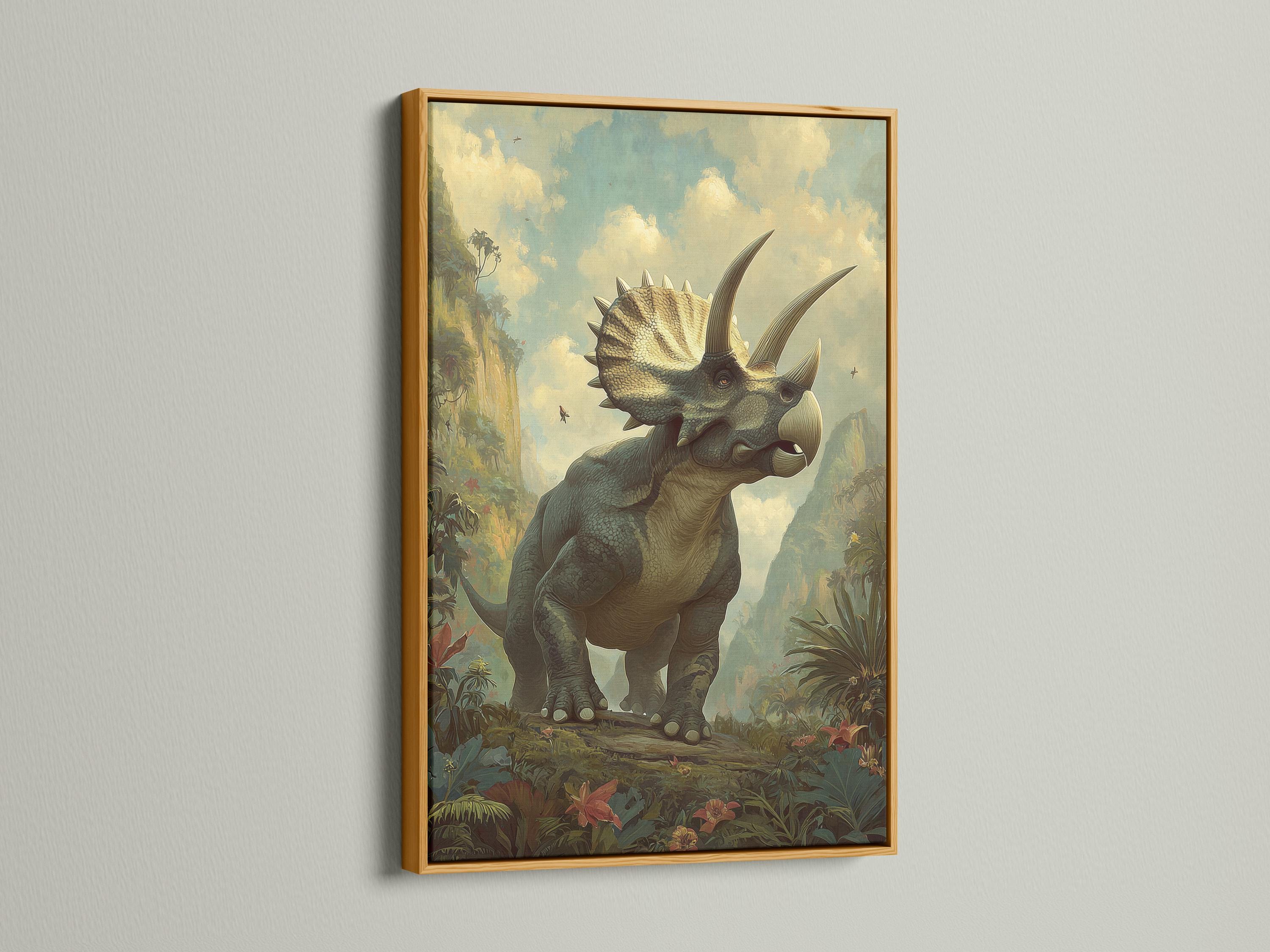 Triceratops standing in a prehistoric jungle with muted green foliage and a pale sky detail view