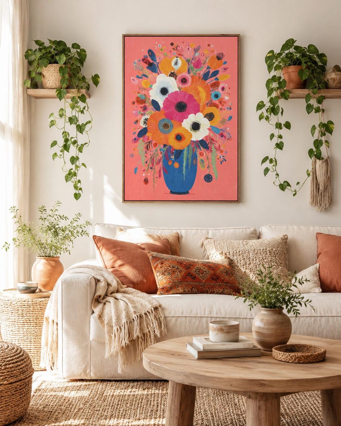 Stylised floral bouquet with large pink flowers in a blue vase on a coral background detail view