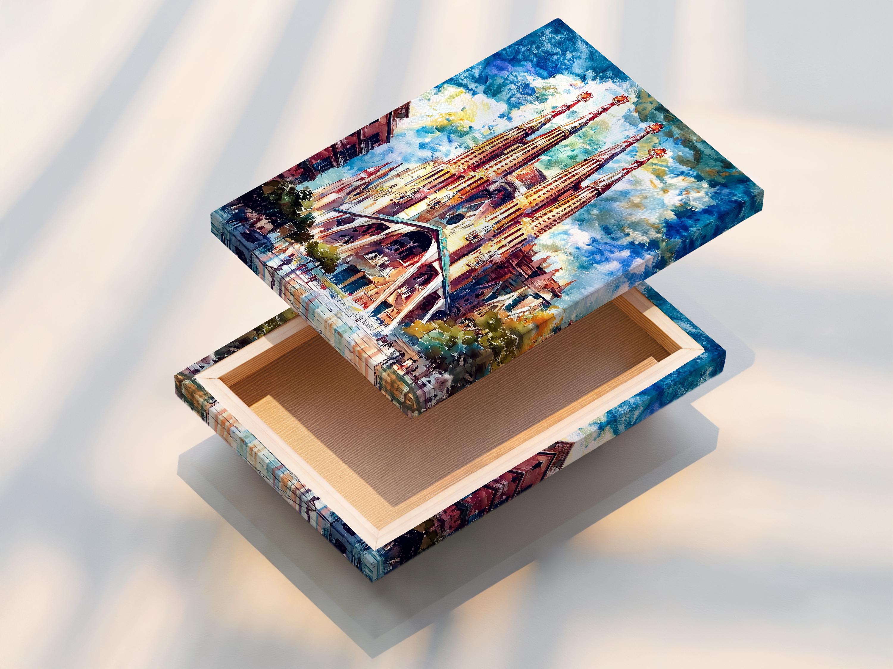 Room mockup showing a framed cathedral spires artwork on a blue wall above a desk