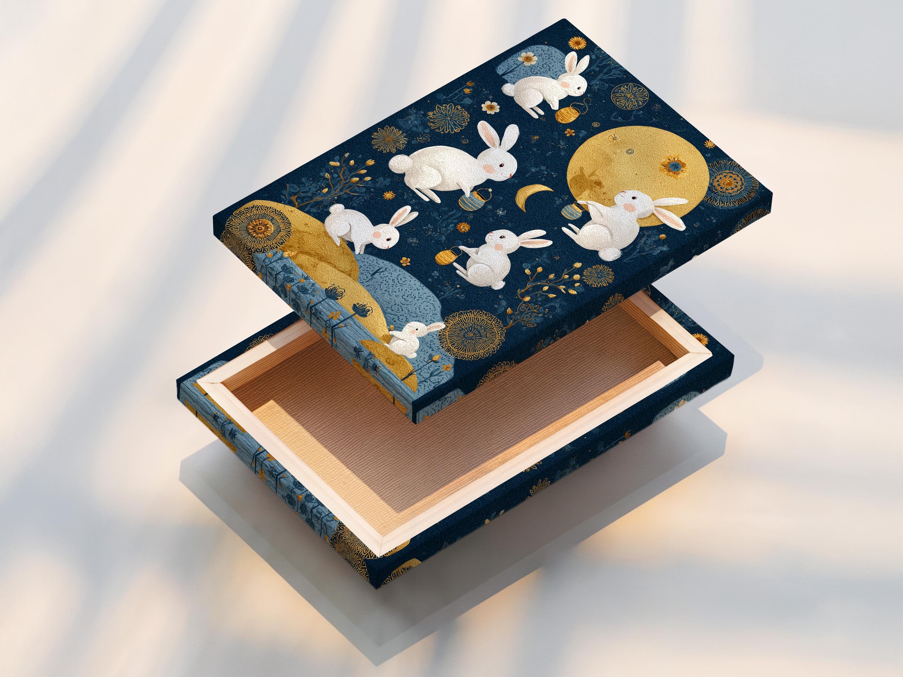 Celestial illustration of white rabbits around a gold moon on a midnight blue background detail view