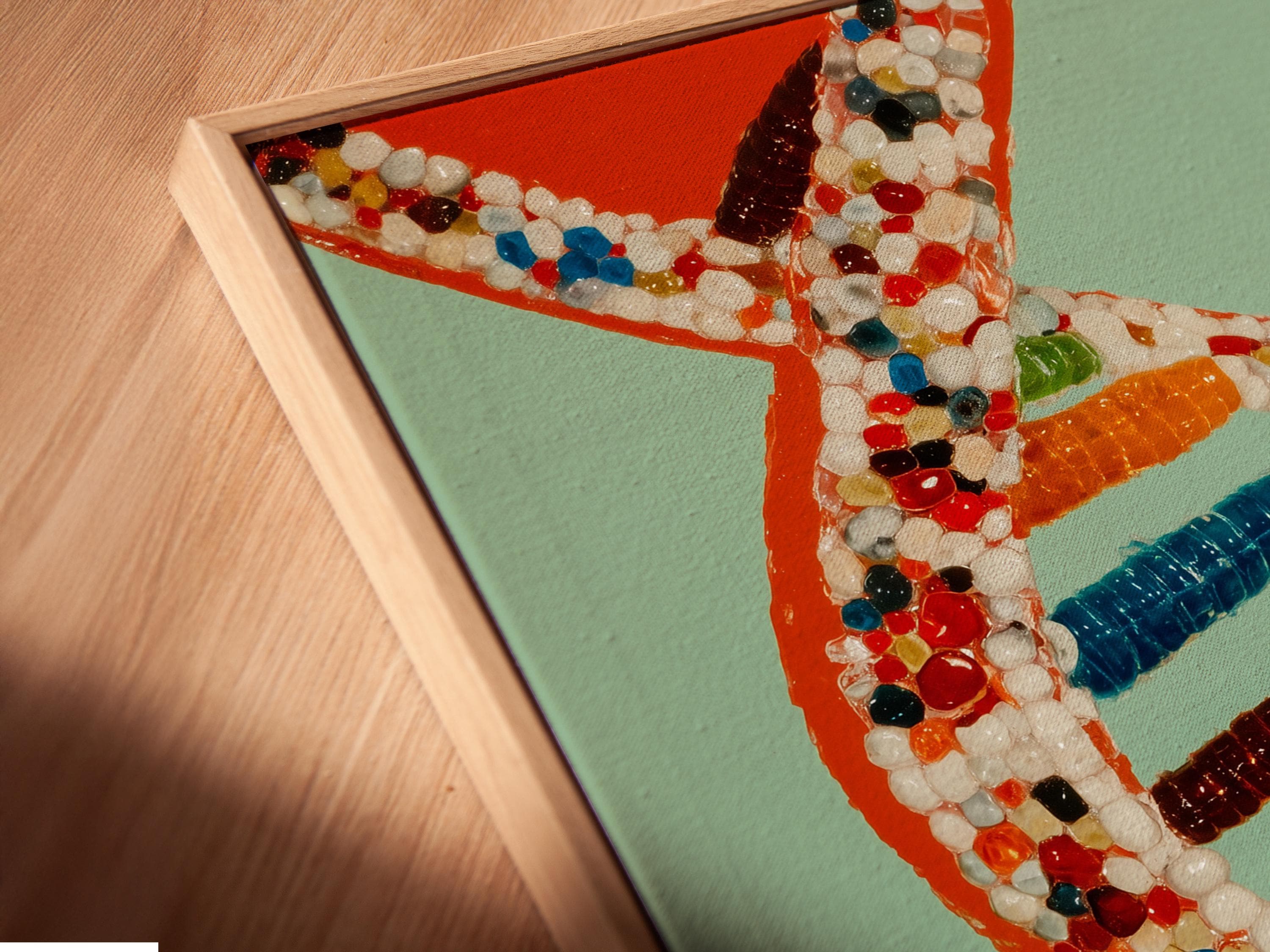 A researcher in a white lab coat stands next to a framed DNA double helix artwork